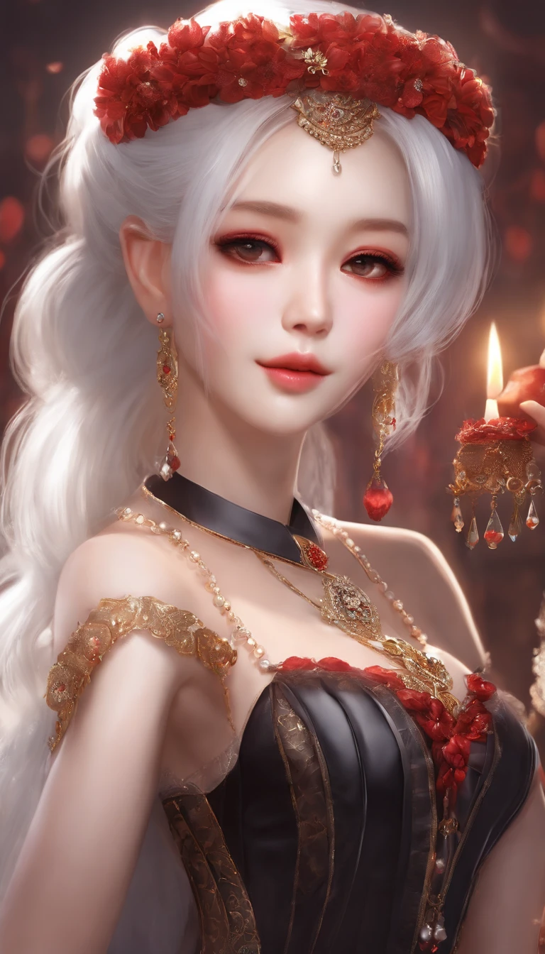 (Max Quality)，(depth offield)，(full body)，lovely，Rich Detail，1girl，(white hair)，Two-dimensional，long ponytail，Light red eyes，Red hair accessories，Sleeveless，open shoulders，Crop topping，hands placed behind the back，sideways，[facce blushing]，Poker face，，night，rainting，rainbow