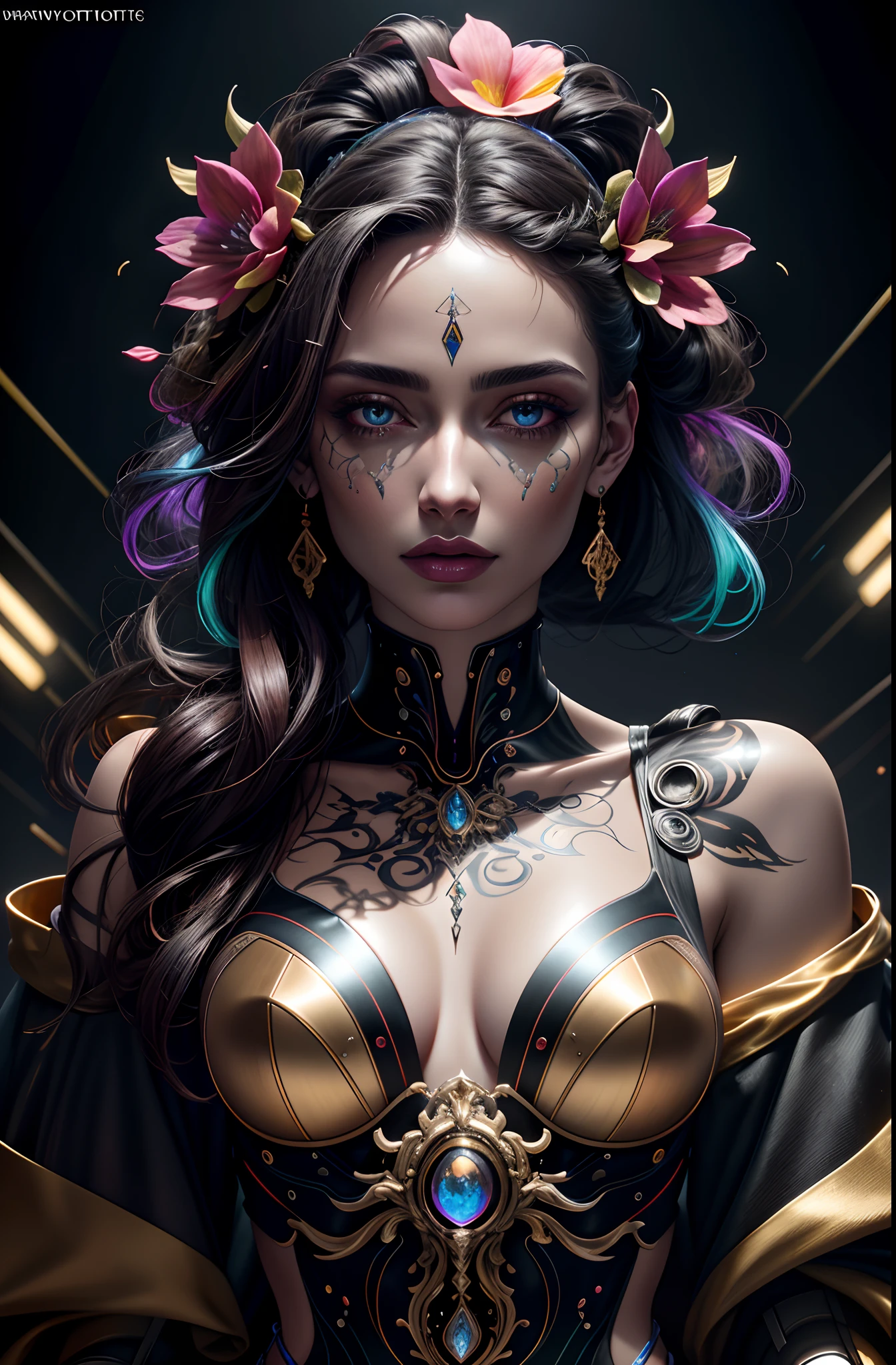 mulher negra,[rainha_tatuagem], vivid colors, Atmospheric,sorrir, elegante, Borboletas, flores florescendo, em movimento,Detailed medieval gothic portrait of cyberpunk style, futurista (Neon light: 1.1) Desgaste reflexivo, scientific fiction, Robot Parts, Gold Parts, Face of the Cinematic Light Machine, reflexos, polido ef 50mm, ((arte por Greg Rutkowsky)), (ghibli studio :1.1), Artgern, arte, illustration, ((Ambiente escuro)), ((Vegnette)), ((HDR)) ((Minimum palette colors)), tons suaves, cores suaves, cores escuras, calmas, cores pastel altamente detalhes, dramatic and intricate details, corpo inteiro,PlayStation 5 graphics,rosto detalhado,Realistic texture, organic composition,Detalhador Furtástico,Foto bruta 8K, olhos perfeitos, Realistic,vivid color