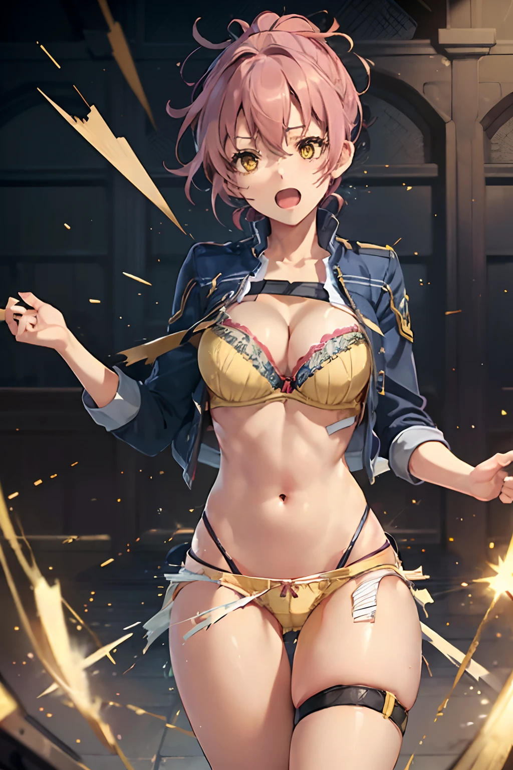 Juna Crawford, (((Yellow panties))), Yellow Bra, Open mouth, embarrassed from, Adults, action, (((Sukesuke panties)))、a blue skirt, (((((Torn clothes))))),  (((((Torn bra))))),  (((((Torn panties))))), ((Fantasy World))