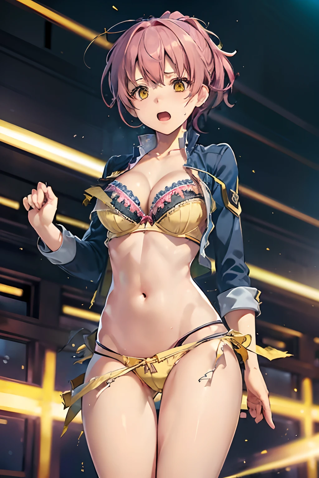 Juna Crawford, (((Yellow panties))), Yellow Bra, Open mouth, embarrassed from, Adults, action, (((Sukesuke panties)))、a blue skirt, (((((Torn clothes))))),  (((((Torn bra))))),  (((((Torn panties))))), ((Fantasy World))