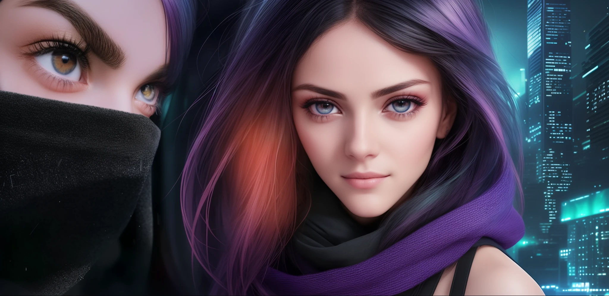 There's a woman with a black scarf covering her face, olhar inquietante nos olhos, brilho penetrante nos olhos, clear eyes looking into camera, extremely close shot, com olhos furantes ansiosos, tiro de rosto de close up extremo, olhos negros intensos, apenas olhos, eyes looking at camera, olhar intenso nos olhos, cyberpunk background with a neon city at the right side of the screen