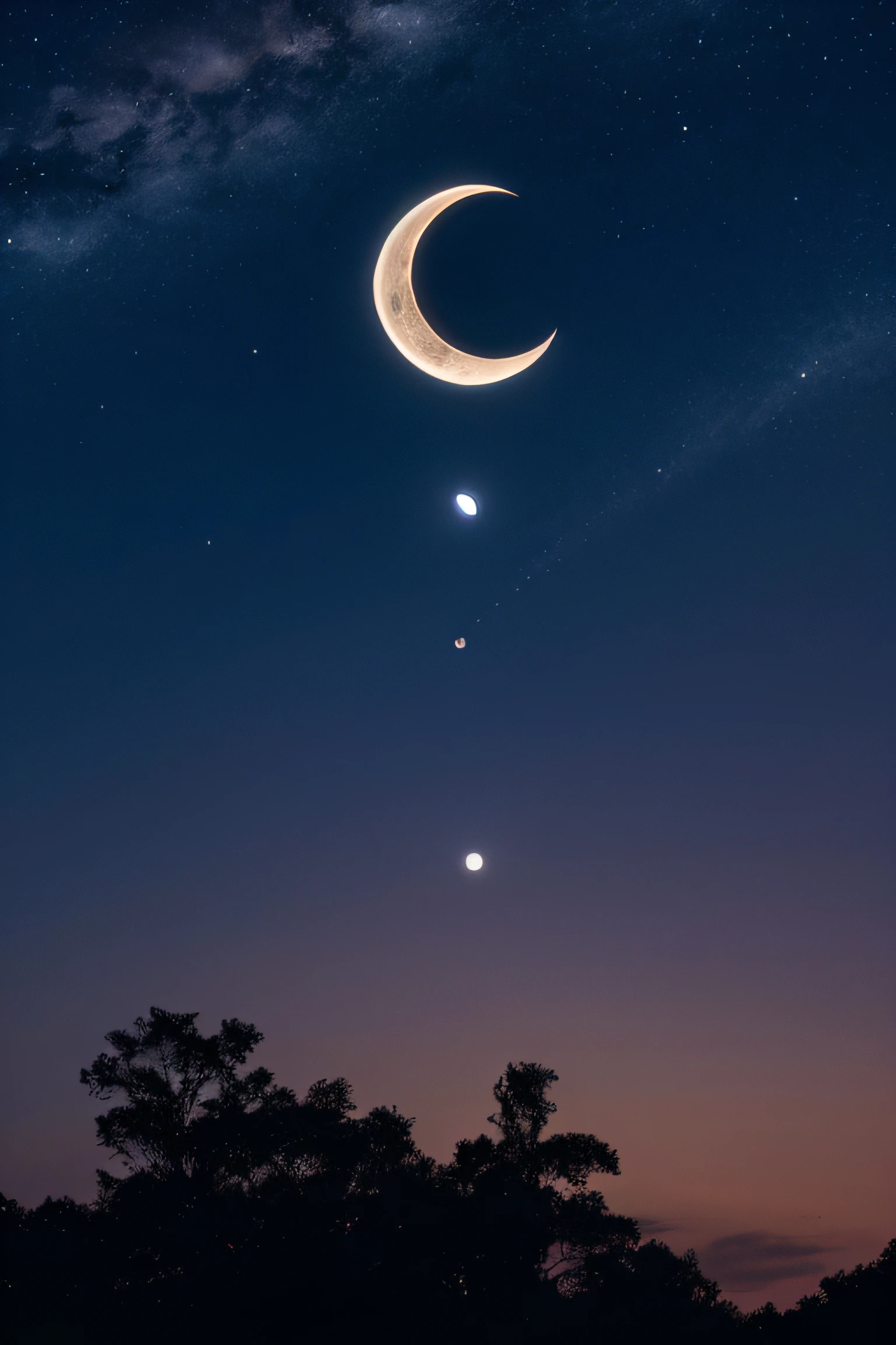 Create an image with a bright crescent moon in the night sky. The crescent moon is partially illuminated, com um suave, brilho delicado. The surrounding sky is dark, With twinkling stars punctuating the darkness. The image conveys a sense of tranquility and mystery, evoking a serene and magical nocturnal atmosphere.