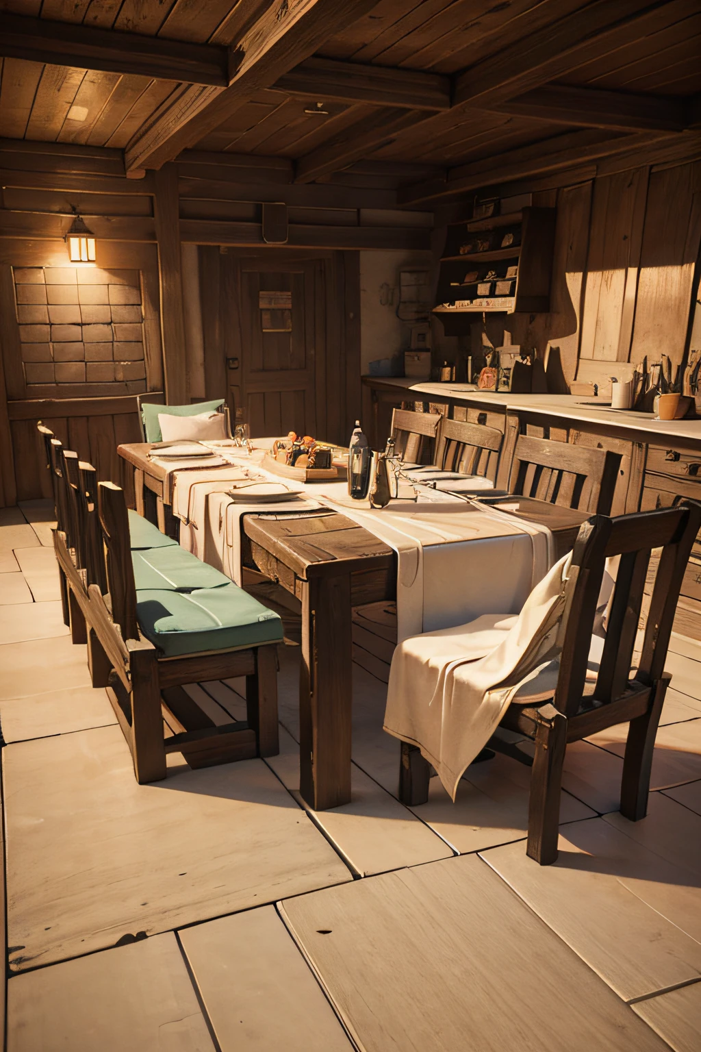 a medieval rectangular table, two benches near it, a table covered with cloth, medieval dishes on the table, 3Drenderingof,3D modeling,Bubble Matt, trend on behance, Cinema 4D color rendering, 3 d render stylized, gamr props, old ebony, fabrics all over the table, isometric camera