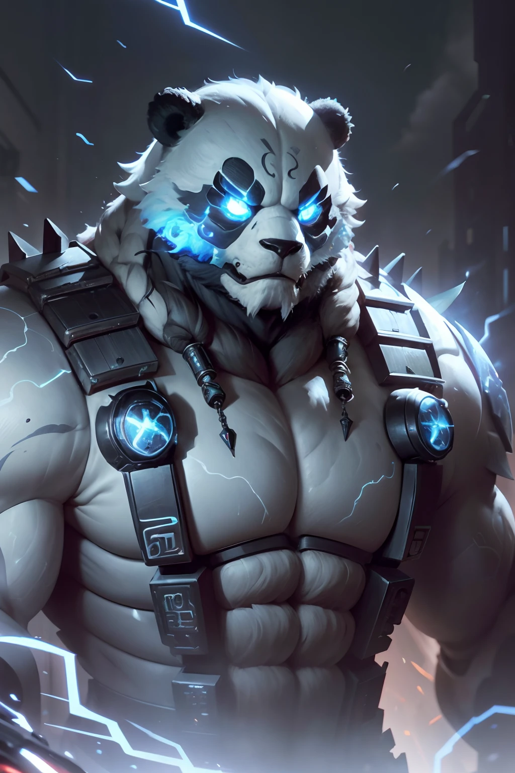Close-up of the head,Sci-fi mechanical monsters,belve,Mechanical modification,Mutant panda,There is a mechanical mask on the left side of the face,There are huge barbs on the hands,bellow,Full body mechanical armor,Facing the lens,The expression is fierce,Flame scene