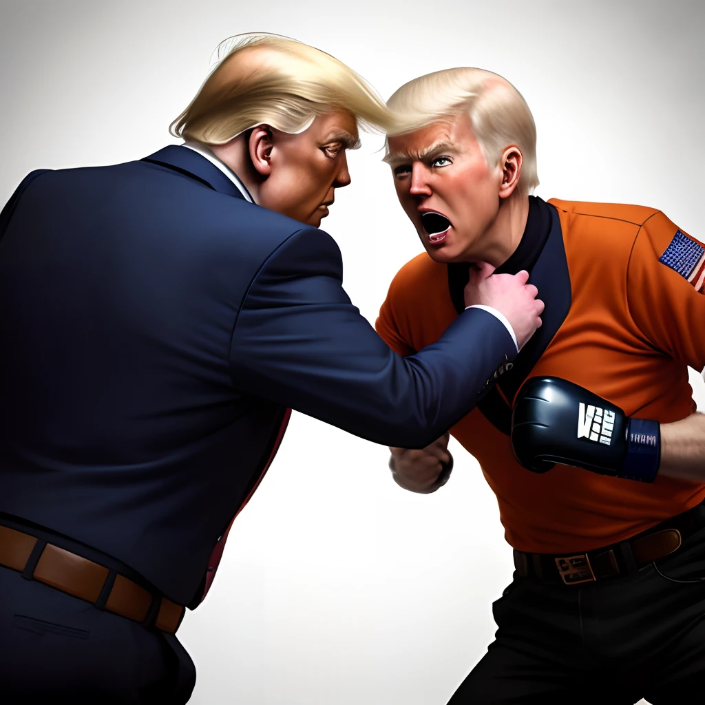 Donald Trump wrestling with Joe Biden, stadium. Digital artwork, bold lines, vibrant, saturated colors