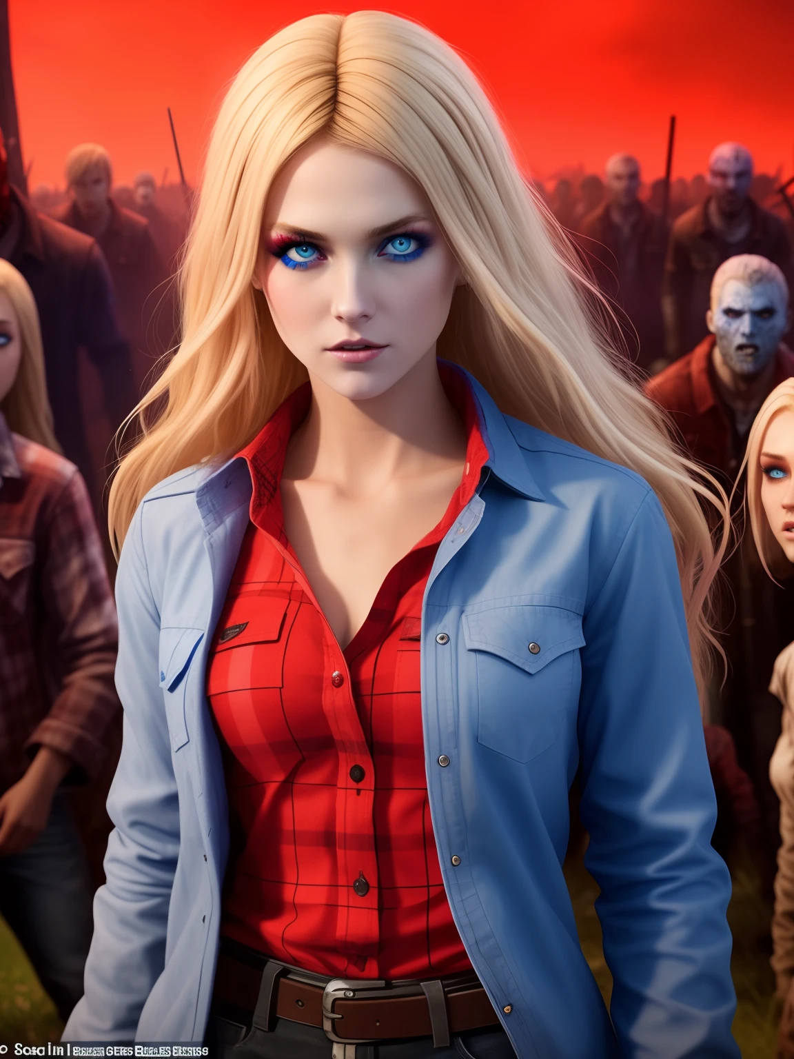 Fille dans un monde de zombies, with dirty blonde hair and blue eyes and dressed in a dark red lumberjack shirt fighting zombies to survive