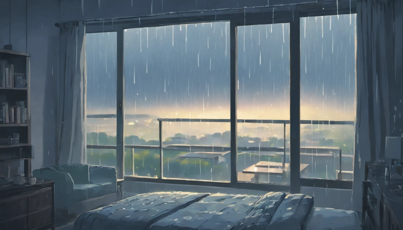 rain, open window, bedroom, cozy, rainy day, peaceful, subtle lighting, soft colors, raindrops on the window, comforting atmosphere, curtains gently swaying in the wind, relaxing ambiance, quiet, serene, introspective, cozy home, rainy mood, indoor tranquility, rain streaming down the glass, pitter-patter of raindrops, gentle breeze, soothing sound of rain, damp smell, blurred outlines, blurred raindrops, wet pavement, distant sound of thunder, warm blankets, gentle flow of time. (best quality, highres), (rainy day:1.1), (peaceful atmosphere:0.9), (soft lighting:1.1), (cozy home:1.1), (comforting:0.9), (rainy mood:1.1), (serene:0.9), (relaxing ambiance:1.1), (gentle rain:1.1), (indoor tranquility:1.1), (subtle colors:1.1), (damp environment:1.1), (blurred outlines:0.9), (rainy window view:0.9), (gentle breezy air:1.1), (soothing sound:1.1), (wet surroundings:1.1), (peaceful rain:1.1), (warming atmosphere:0.9), (melancholic scenery:1.1), (inviting mood:1.1), (cozy ambiance:1.1), (quiet comfort:0.9), (blurred glass:1.1), (gentle flow:1.1), (nostalgic feeling:1.1), (calming vibes:1.1), (relaxing rain:1.1), (tranquil setting:1.1), (serene moment:1.1), (comfortable indoors:1.1), (drizzling rain:1.1), (soft music playing:1.1), (melodic raindrops:1.1), (peaceful retreat:1.1), (dreamy atmosphere:1.1), (rain-soaked streets:1.1), (inviting warmth:0.9), (blurred scenery:1.1), (gentle storm:1.1), (refreshing rain:0.9), (distant thunder:1.1), (quiet meditation:1.1), (cozy shelter:0.9), (chilly day:1.1), (cosy surroundings:1.1), (tranquil rhythm:1.1), (relaxing haven:1.1)