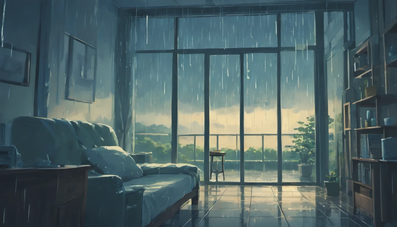 rain, open window, bedroom, cozy, rainy day, peaceful, subtle lighting, soft colors, raindrops on the window, comforting atmosphere, curtains gently swaying in the wind, relaxing ambiance, quiet, serene, introspective, cozy home, rainy mood, indoor tranquility, rain streaming down the glass, pitter-patter of raindrops, gentle breeze, soothing sound of rain, damp smell, blurred outlines, blurred raindrops, wet pavement, distant sound of thunder, warm blankets, gentle flow of time. (best quality, highres), (rainy day:1.1), (peaceful atmosphere:0.9), (soft lighting:1.1), (cozy home:1.1), (comforting:0.9), (rainy mood:1.1), (serene:0.9), (relaxing ambiance:1.1), (gentle rain:1.1), (indoor tranquility:1.1), (subtle colors:1.1), (damp environment:1.1), (blurred outlines:0.9), (rainy window view:0.9), (gentle breezy air:1.1), (soothing sound:1.1), (wet surroundings:1.1), (peaceful rain:1.1), (warming atmosphere:0.9), (melancholic scenery:1.1), (inviting mood:1.1), (cozy ambiance:1.1), (quiet comfort:0.9), (blurred glass:1.1), (gentle flow:1.1), (nostalgic feeling:1.1), (calming vibes:1.1), (relaxing rain:1.1), (tranquil setting:1.1), (serene moment:1.1), (comfortable indoors:1.1), (drizzling rain:1.1), (soft music playing:1.1), (melodic raindrops:1.1), (peaceful retreat:1.1), (dreamy atmosphere:1.1), (rain-soaked streets:1.1), (inviting warmth:0.9), (blurred scenery:1.1), (gentle storm:1.1), (refreshing rain:0.9), (distant thunder:1.1), (quiet meditation:1.1), (cozy shelter:0.9), (chilly day:1.1), (cosy surroundings:1.1), (tranquil rhythm:1.1), (relaxing haven:1.1)
