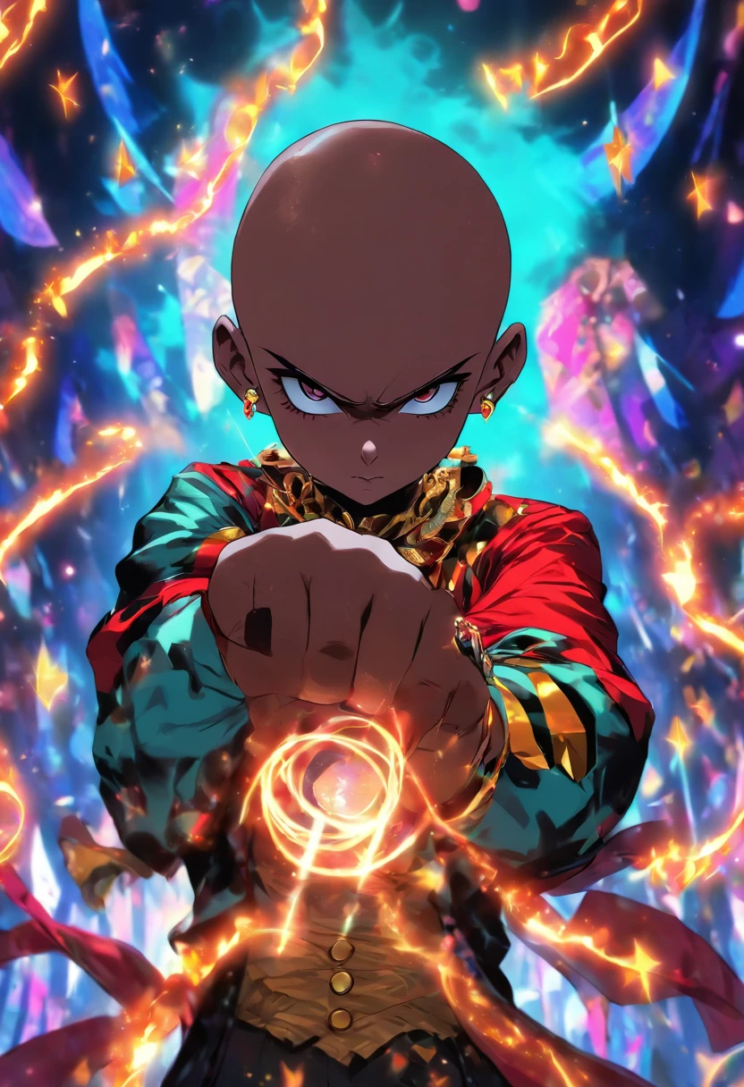 a dark teenage bald boy, with circus clothes and three jugling ring; anime style; detailed;
