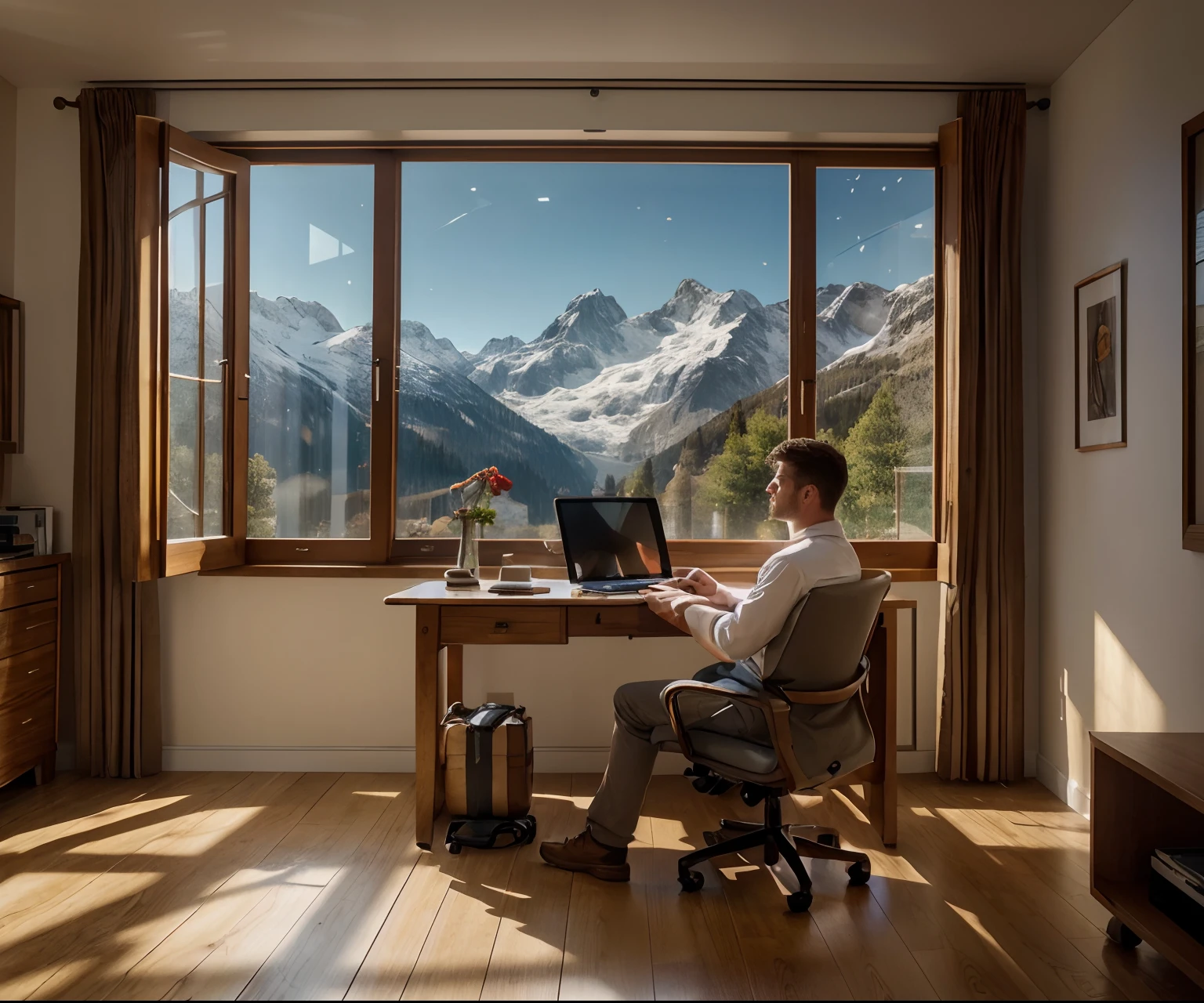 an injured swiss employee,sitting on a comfortable chair,holding a crutch next to him,browsing a laptop on a beautiful wooden desk,with a picturesque view of the Swiss Alps through the window,(best quality,4k,8k,highres,masterpiece:1.2),ultra-detailed,(realistic,photorealistic,photo-realistic:1.37),HDR,UHD,studio lighting,physically-based rendering,extreme detail description,professional,vivid colors,bokeh,portraits,landscape,soothing color palette,warm sunlight streaming in from the window illuminating the room.