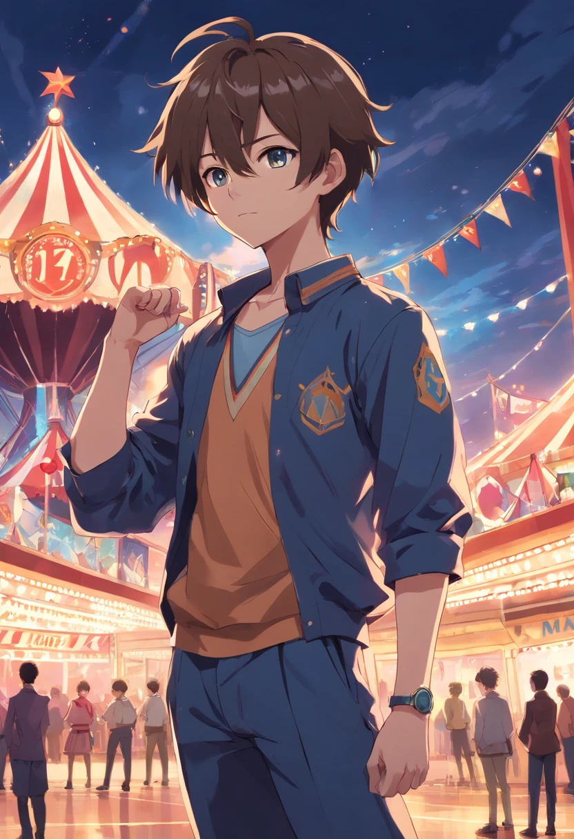 a dark teenage bald boy, with circus clothes and three jugling ring; anime style; detailed;