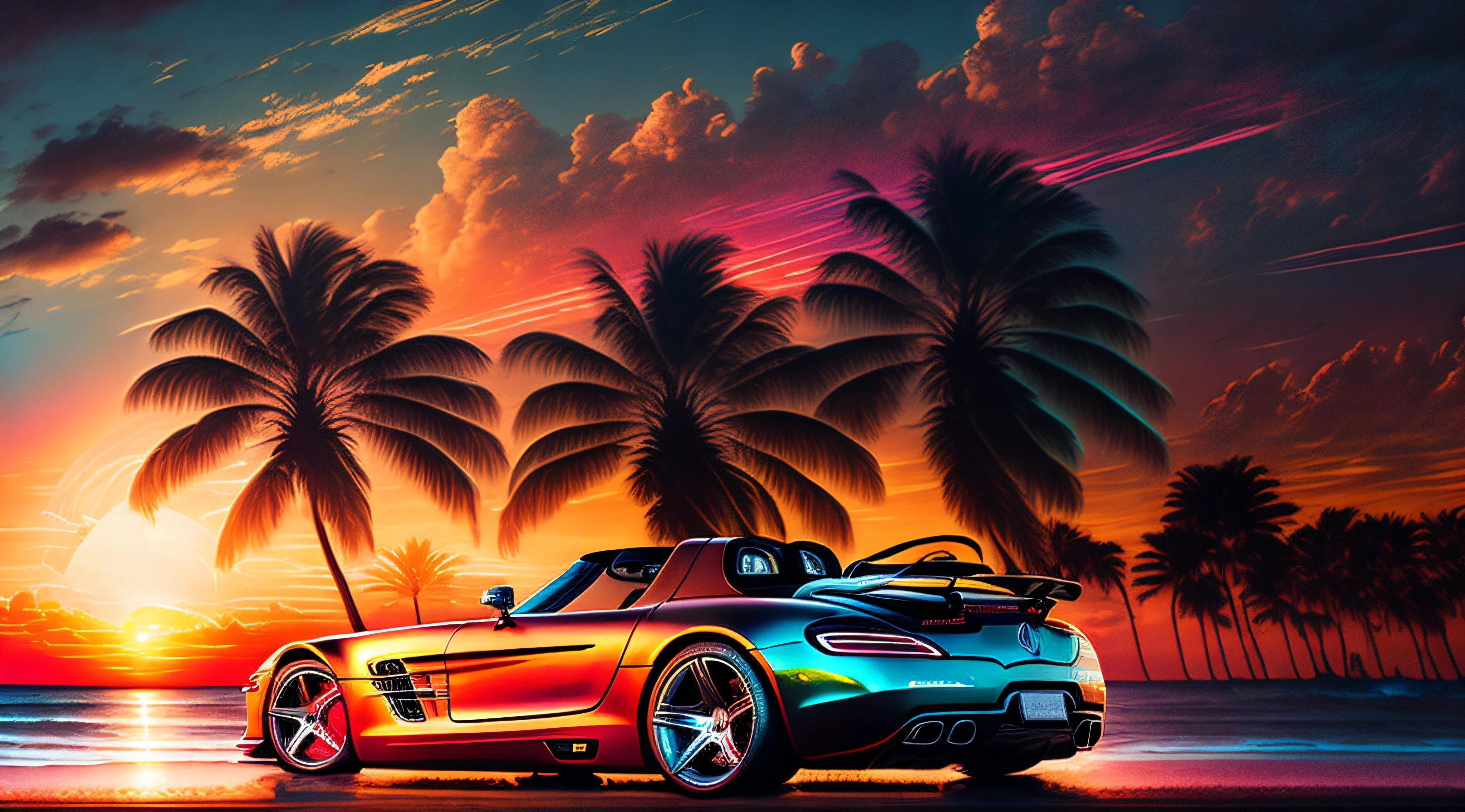 "voiture mercedes sls en or, palmiers, ocean drive, coucher de soleil, Environnement cyberpunk, Halfway through the journey, Art vectoriel vibrant, Hydro74"