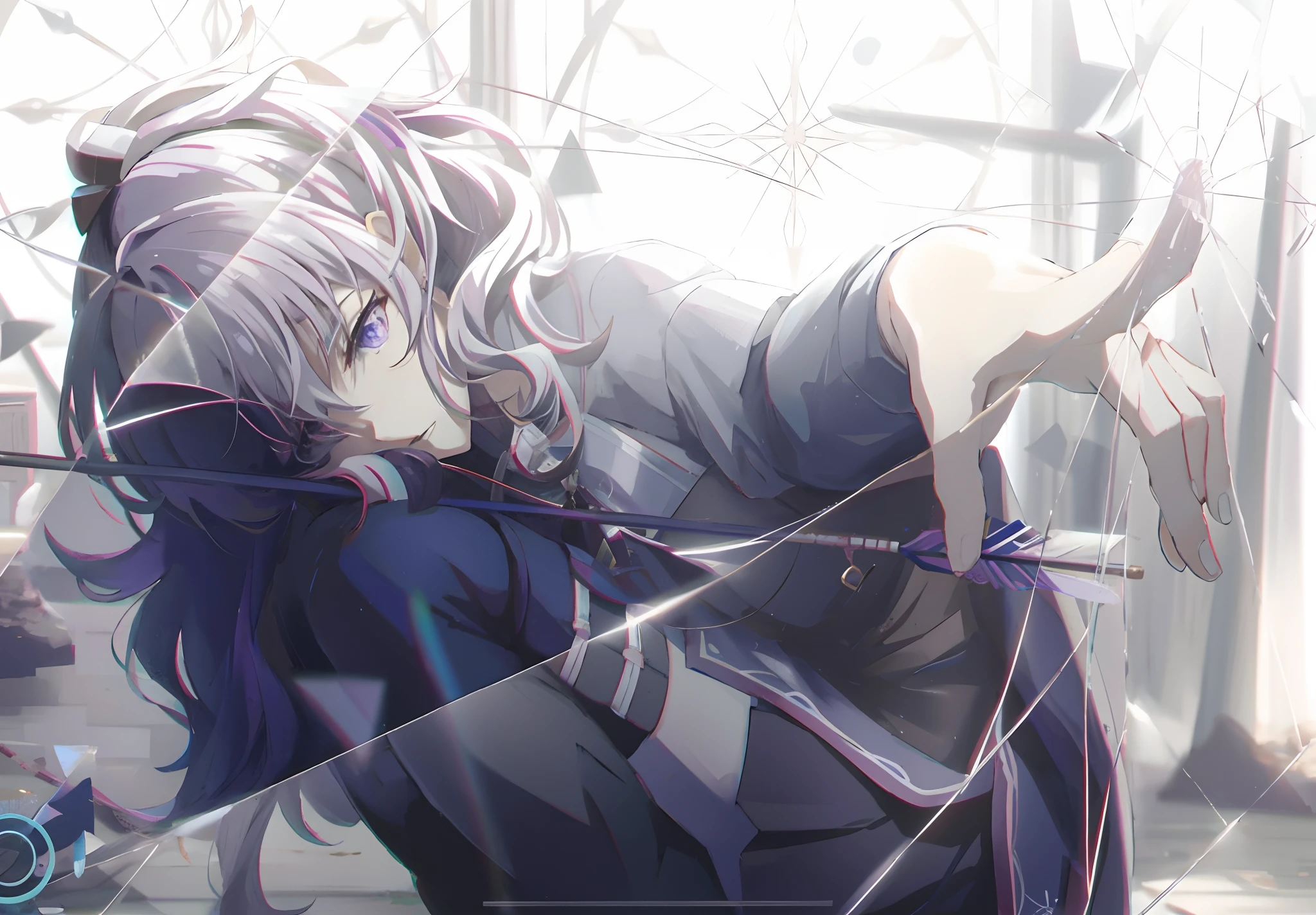 Anime girl with long hair with bow and arrow, silber hair、Hajime Yatate, Detailed key anime art, best anime 4k konachan wallpaper, zerochan art, anime wallaper, anime style like fate/Stay Night, guilty crown, Violet Evergarden, by Shitao, hd anime wallaper, Crushing Despair, high definition anime art、murky、Dark Fantasy