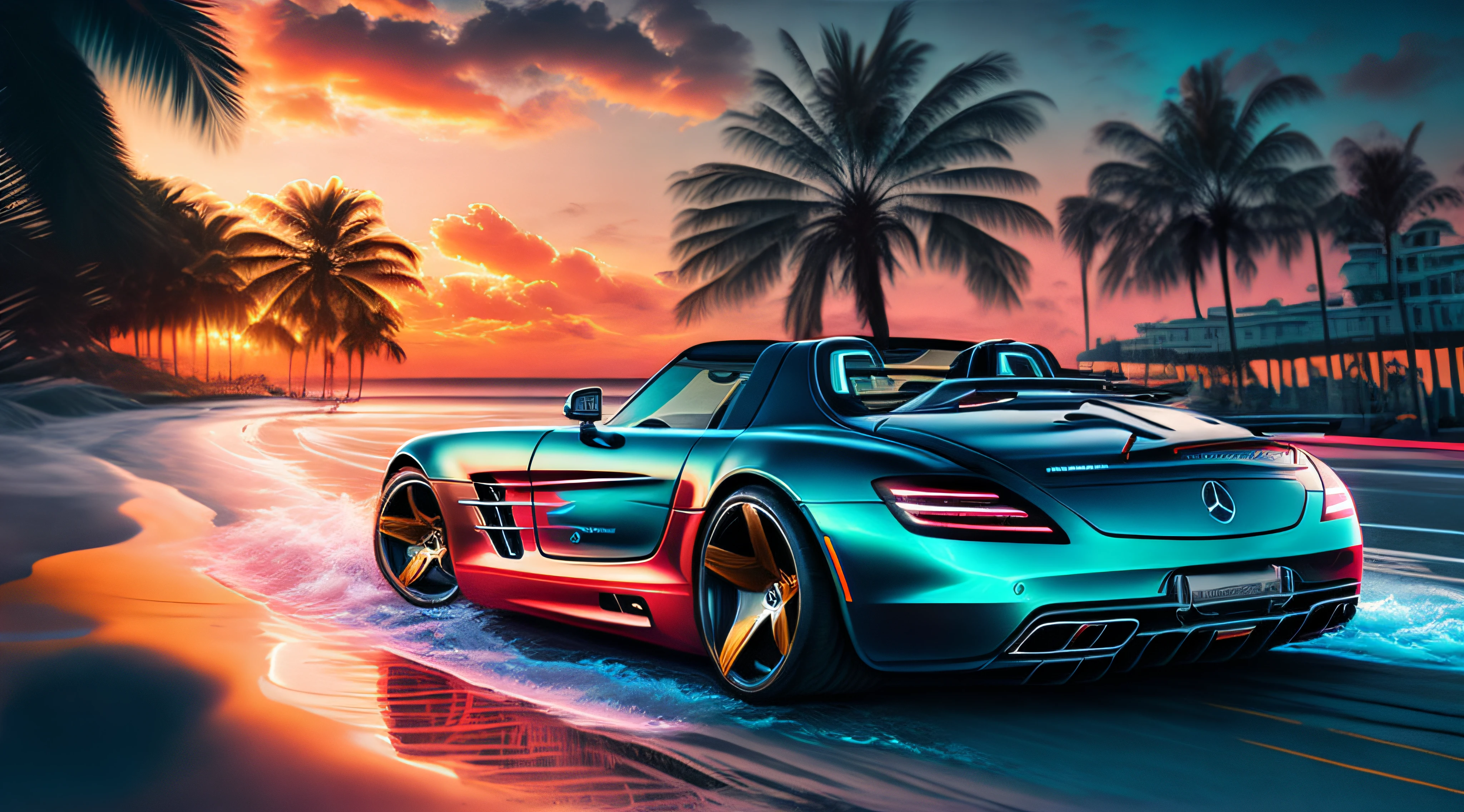 "voiture mercedes sls en or, palmiers, ocean drive Environnement cyberpunk, Halfway through the journey, Art vectoriel vibrant, Hydro74"