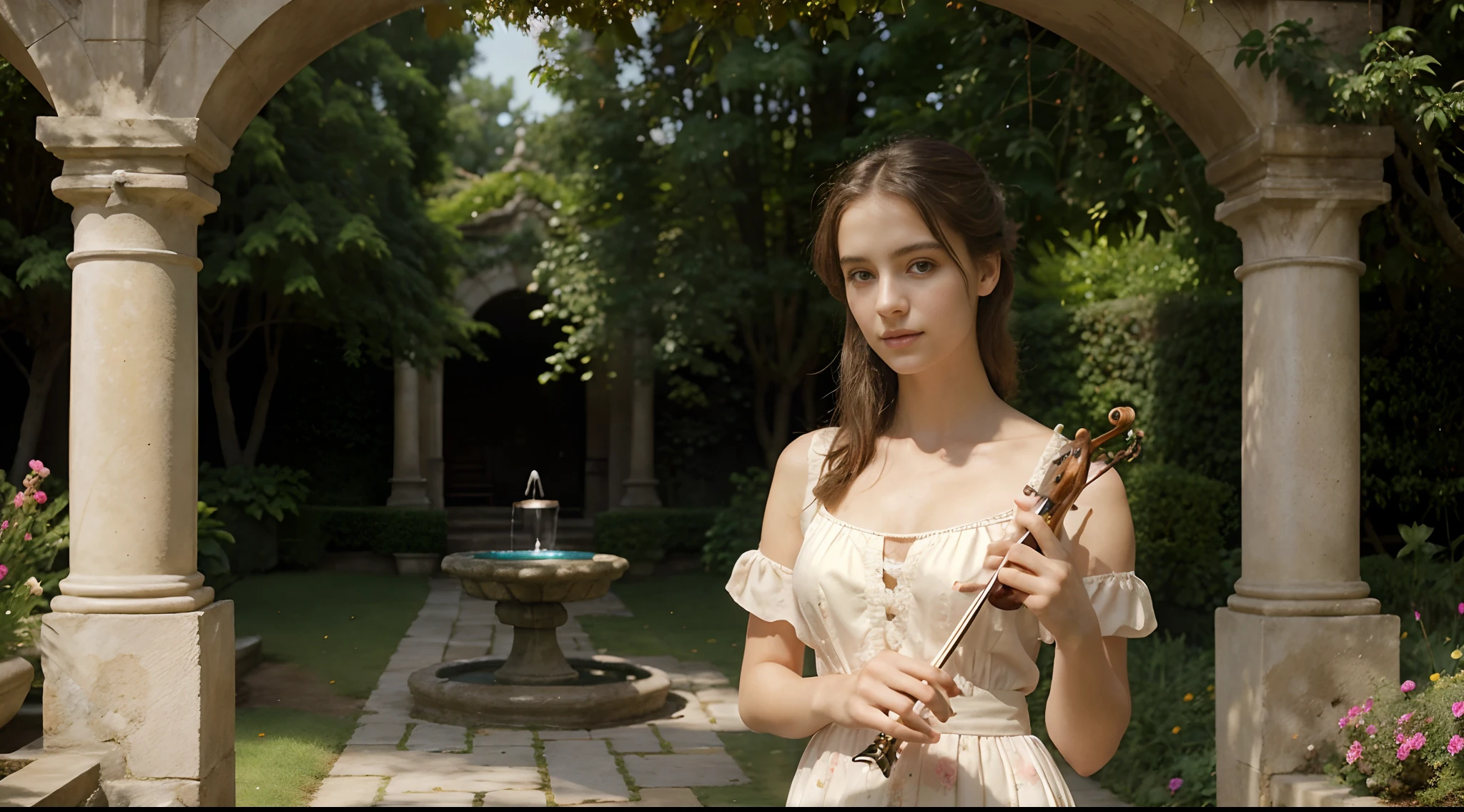 Portrait of a 25-year-old girl in a serene, sun-drenched garden, elegantly playing a violin during a warm summer afternoon. The scene is set amidst lush flowers, a stone pathway, and a small, ornate fountain. The soft, golden hour sunlight creates warm, elongated shadows, with the artist employing classical realism in an oil painting. The style is reminiscent of 19th-century romanticism, with a focus on soft pastel colors such as pinks, greens, and blues. The artwork is of exceptionally high resolution, capturing intricate details and nuances.
