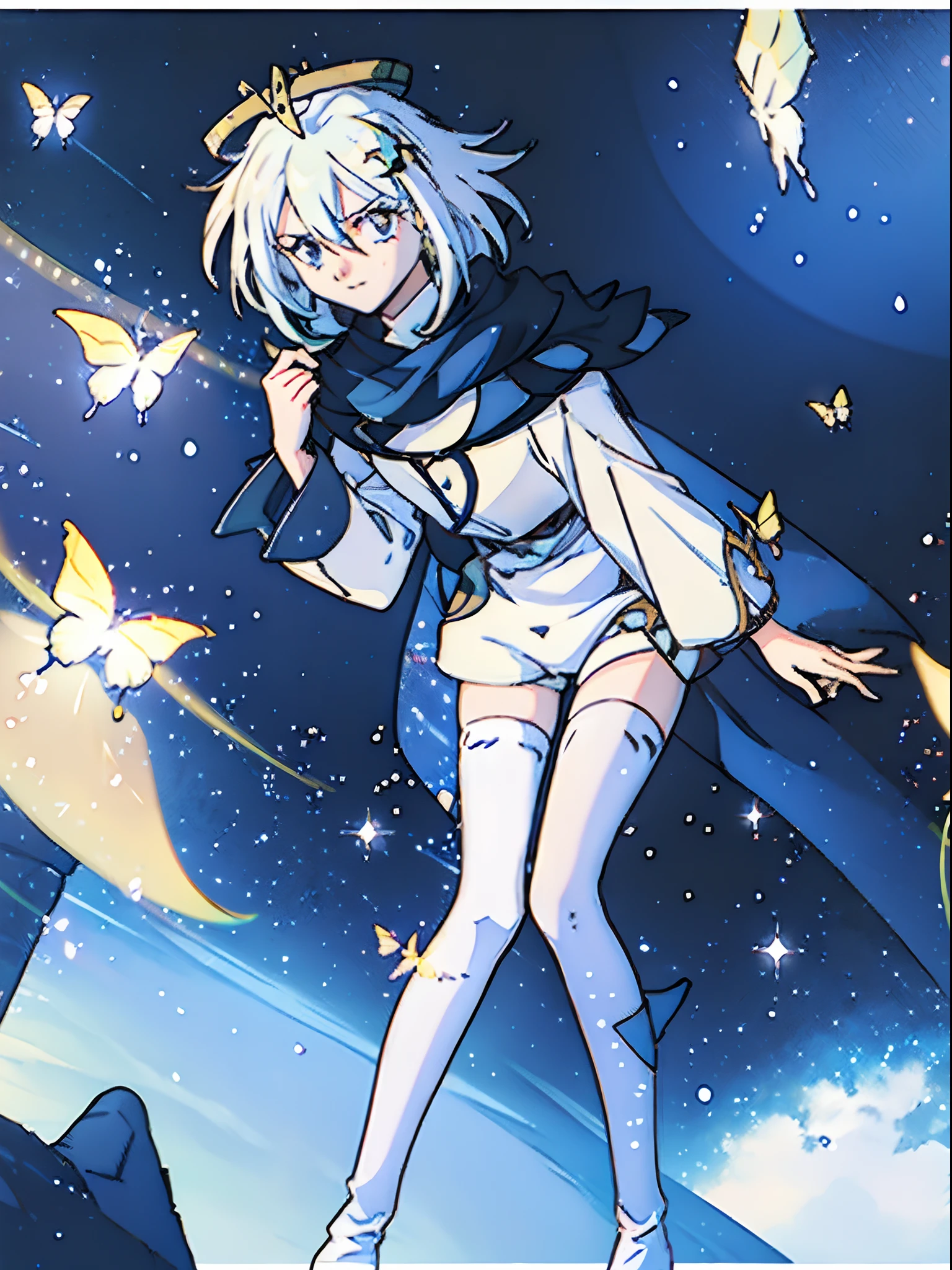 1girl, solo, thighhighs, paimon (genshin impact), long sleeves, white dress, dress, halo, thighhighs under boots, single thighhigh, bangs, boots, hair between eyes, white footwear, white thighhighs, white hair, 1990s \(style\), (floating), upper body, face detail, night sky, fantasy, town street, fireworks, butterflies