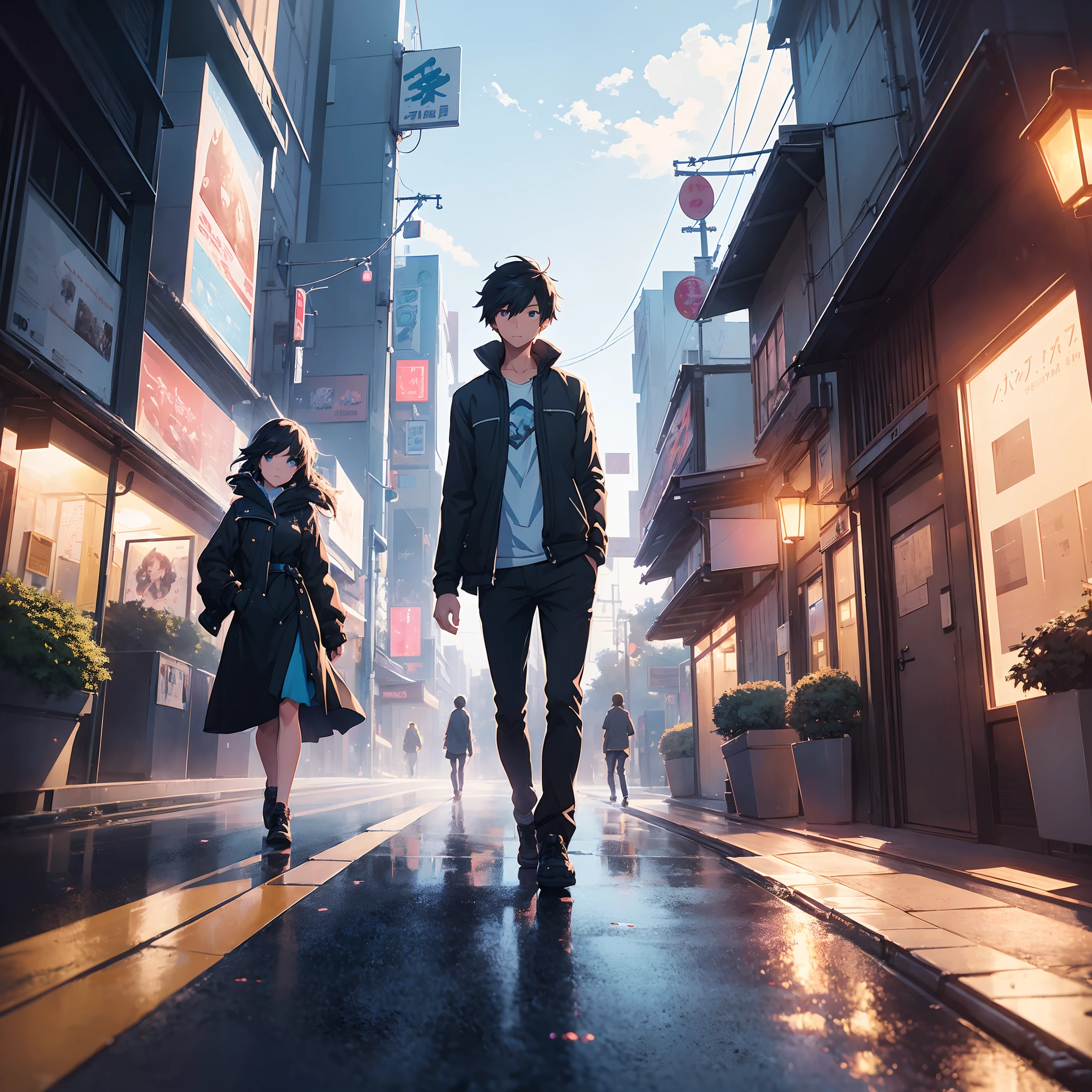 1 girl and 1 boy, they are walking down the street holding hands, ross tran and makoto shinkai, artwork in the style of guweiz, inspired by Liam Wong, makoto shinkai cyril rolando, guweiz and makoto shinkai, tokyo anime scene, loish and ross tran, sakimichan and makoto shinkai