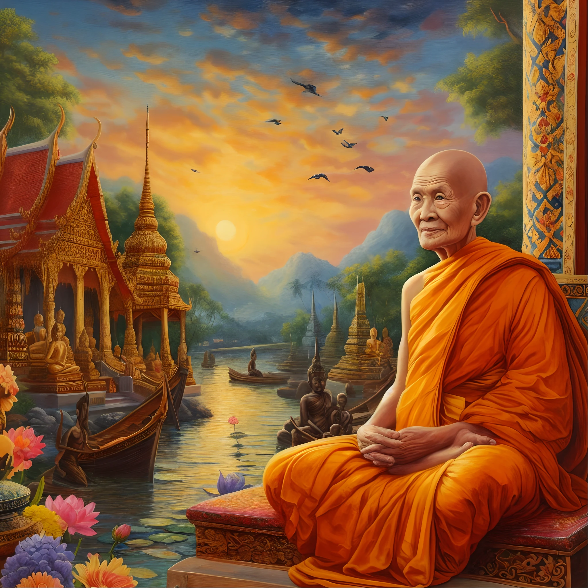painting of a monk sitting on a ledge in front of a lake, thailand art, buddhist monk, monk meditate, portrait of monk, tithi luadthong, buddhist monk meditating, by Johfra Bosschart, buddhism, serene smile, buddhist, by Kerembeyit, thawan duchanee, monk, serene expression, peaceful expression