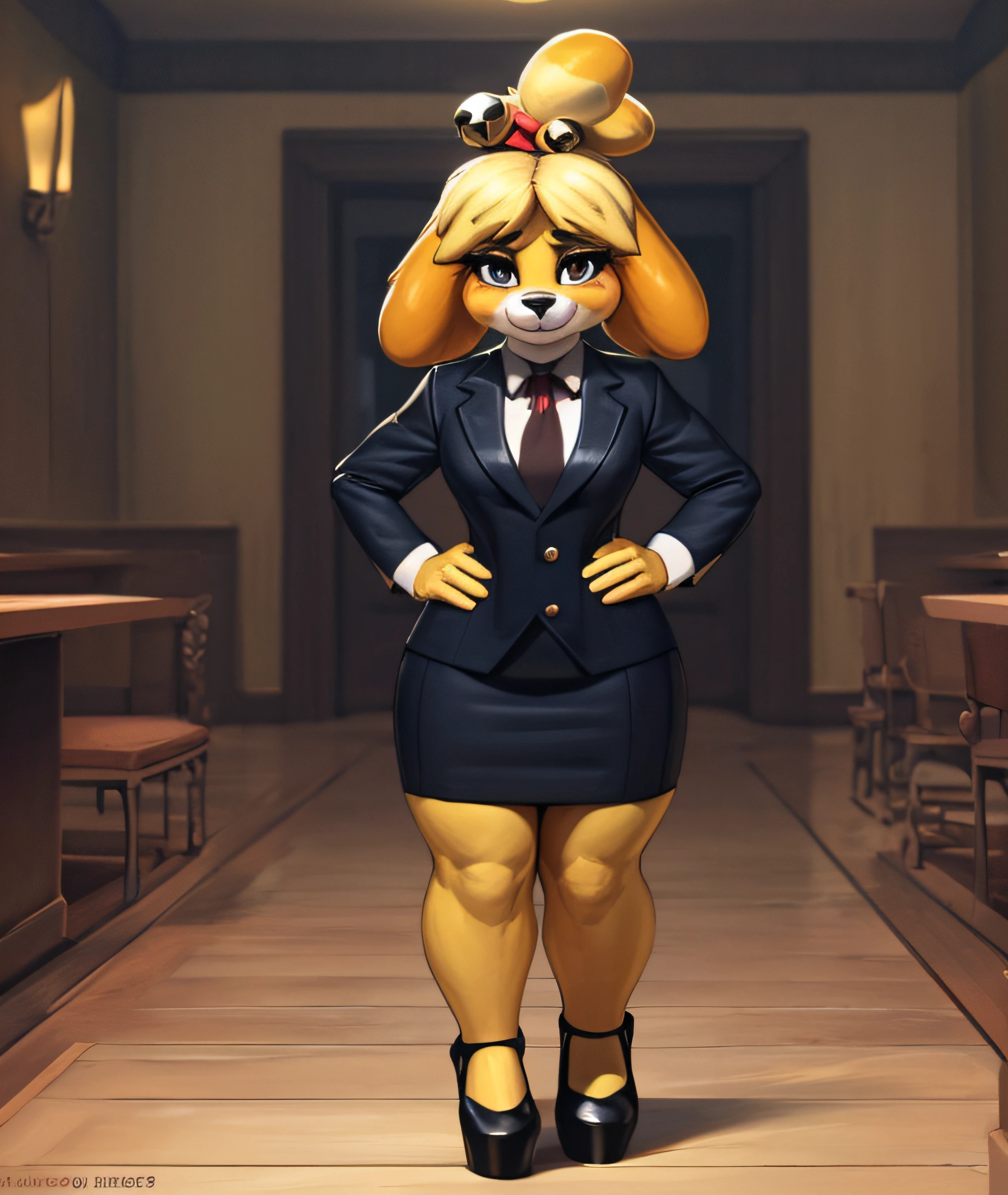 [isaCrossing], [Isabelle; Animal Crossing], [Uploaded to e621.net; (Pixelsketcher), (wamudraws)], ((masterpiece)), ((solo portrait)), ((front view)), full body view, ((furry; anthro)), ((detailed fur)), ((detailed shading)), ((beautiful render art)), {anthro; yellow fur, black nose, small brown eyebrows, short, shortstack, smug, (blushing), makeup, (shiny eyeshadow), lipstick, blonde hair, (bells in hair), topknot, fluffy tail, (high heels)}, {(red ribbon), navy pinstripe skirt suit, suit and tie, ((three-piece suit)), striped necktie, waistcoat, blazer, bodycon miniskirt, sitting on chair, confident, hand on hip,