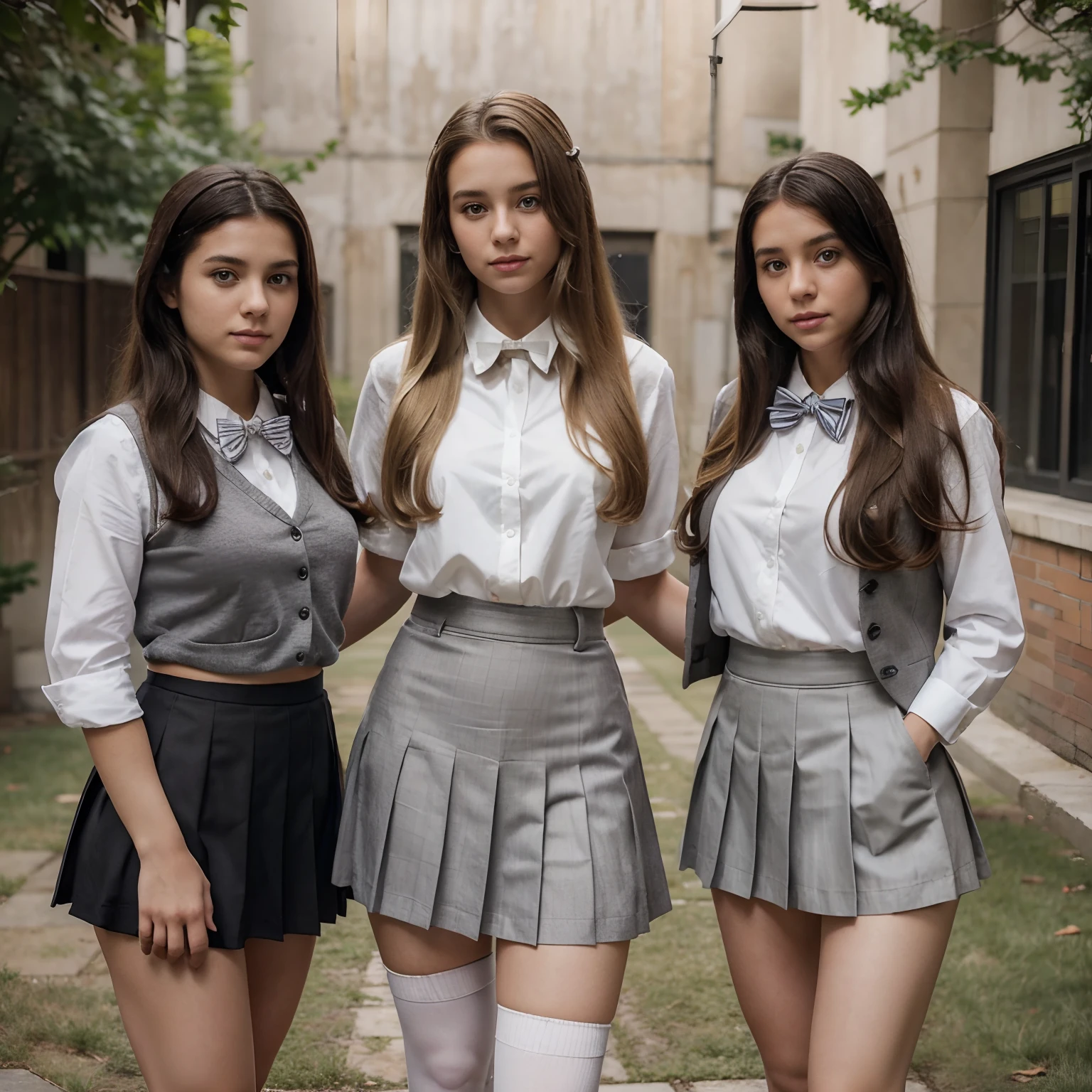 A group of three girls, three girls, hanging out in a courtyard, high school uniforms, (all girls have the same uniform: 1.8), (one girl has blonde hair & another has black hair: 1.1), gray school uniform, (pleated skirt: 2), (gray skirt: 1.3), (white blouse: 1.25), gray vest, white button up, knee highs, white shirt, loafers, realistic, long hair, lips, socks, bowtie, skirt, jk bow, can see a little chest through blouse, black loafers, full body, standing back, 8k, high detailed, maximum quality,