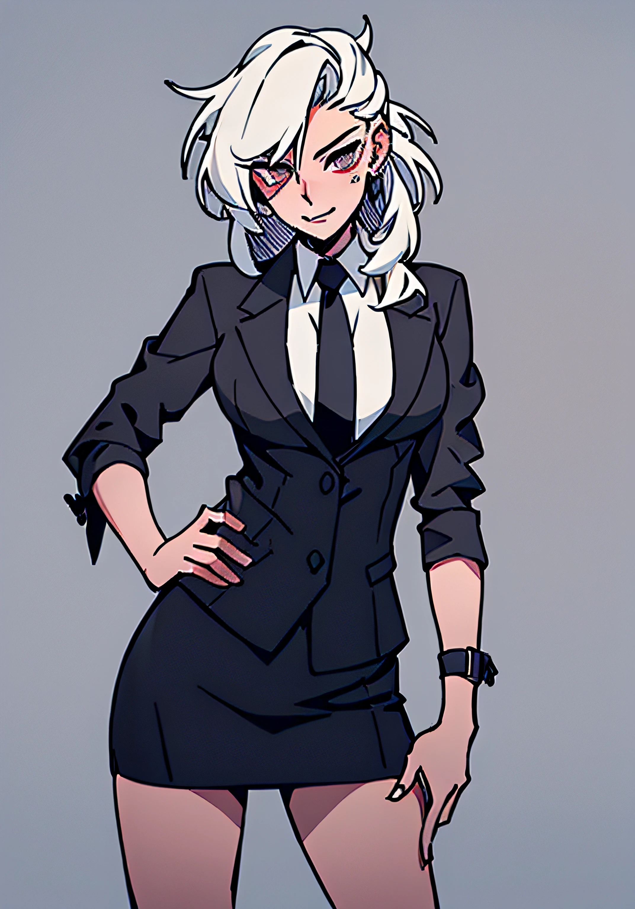 1girl,look at viewer,cute, skirt suit, (((three-piece suit))), dress shirt, (((necktie))), blazer, suit jacket, (((waistcoat))), double-breasted waistcoat, (((bodycon miniskirt))), pencil skirt, lucifer, Helltaker,ahegao,