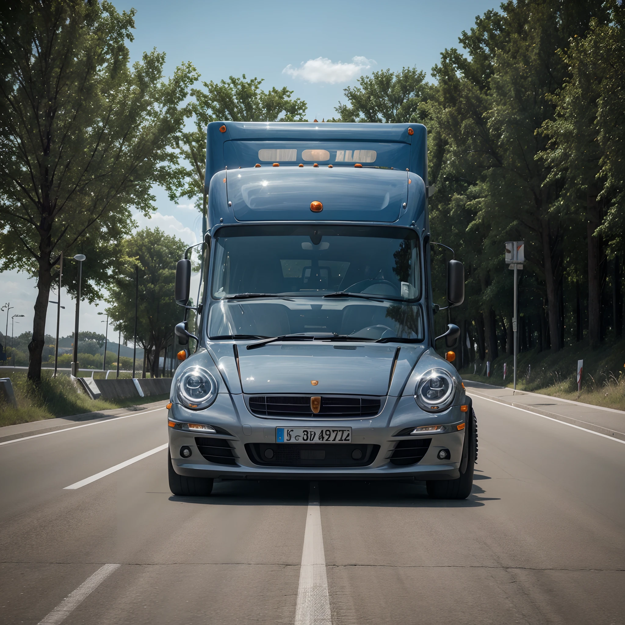 A semi truck with Porsche logo and Porsche futuristic design style, ultra HD image, in highway, realistic