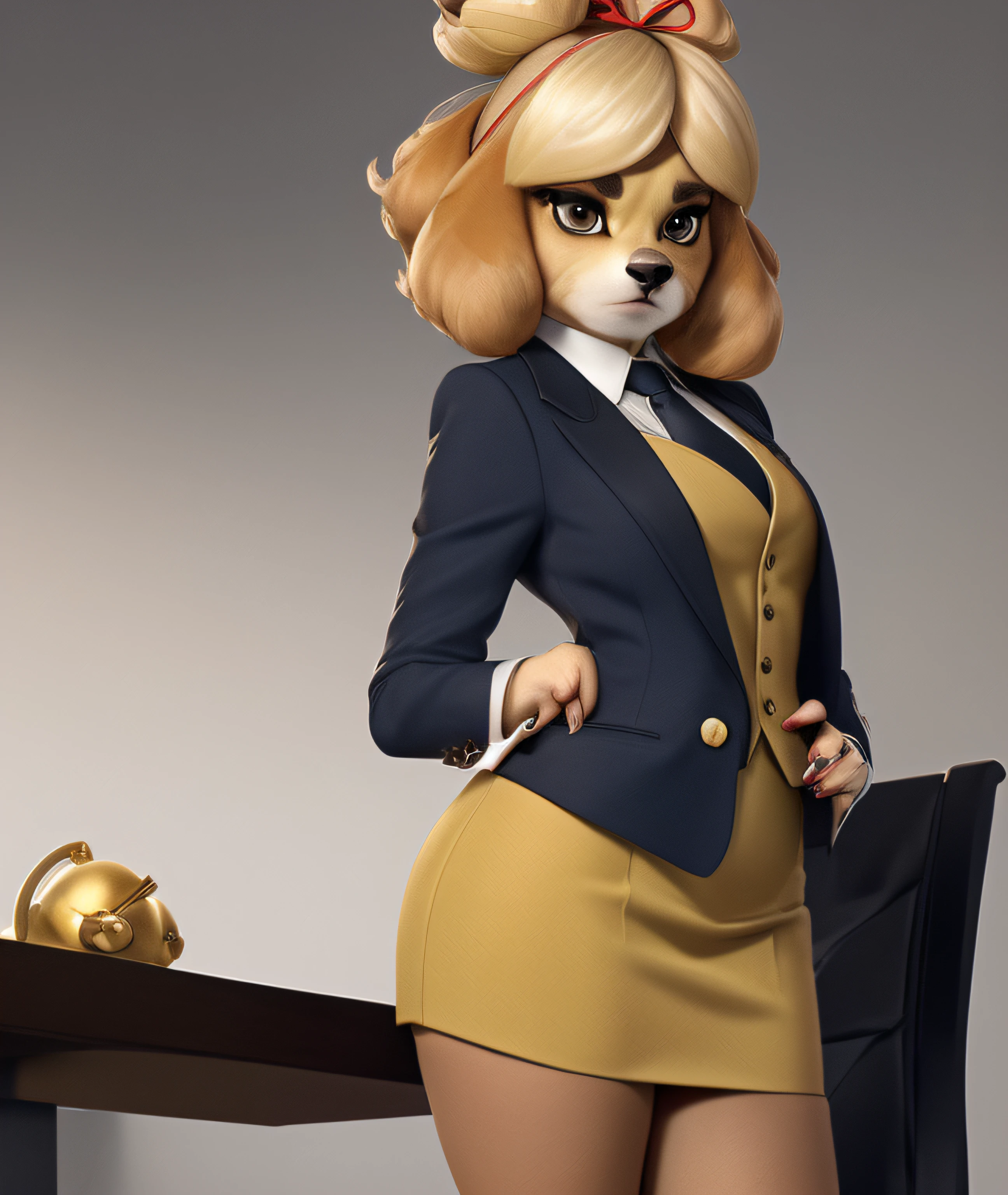 [isaCrossing], [Isabelle; Animal Crossing], [Uploaded to e621.net; (Pixelsketcher), (wamudraws)], ((masterpiece)), ((solo portrait)), ((front view)), full body view, ((furry; anthro)), ((detailed fur)), ((detailed shading)), ((beautiful render art)), {anthro; yellow fur, black nose, small brown eyebrows, short, shortstack, smug, (blushing), makeup, (shiny eyeshadow), lipstick, blonde hair, (bells in hair), topknot, fluffy tail, (high heels)}, {(red ribbon), navy pinstripe skirt suit, suit and tie, ((three-piece suit)), striped necktie, waistcoat, blazer, bodycon miniskirt, sitting on chair, confident, hand on hip,
