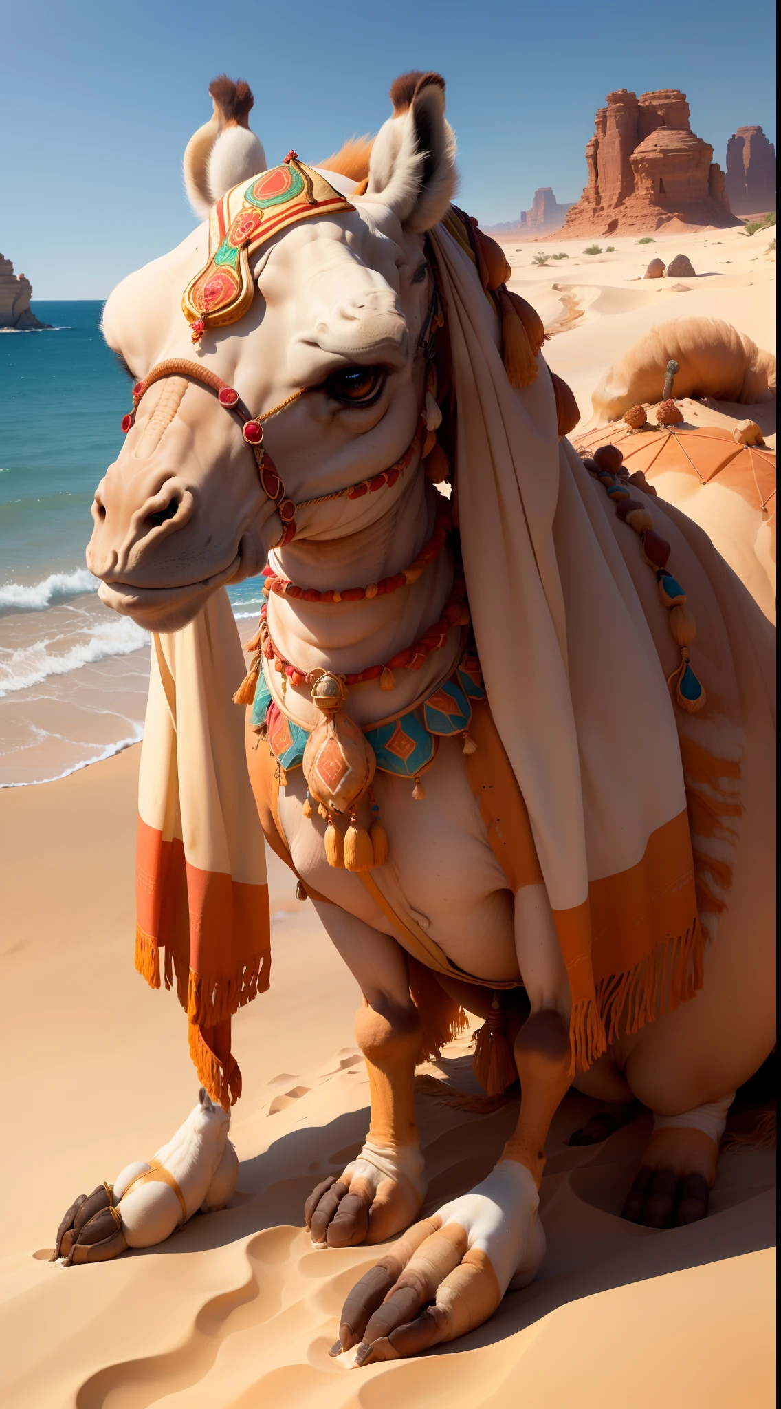 , 85mm, Canon, UHD, masterpiece, anatomically , super detail, high quality, 1080P CGI , 🐪 , At sea level, attached to a burning surface, the( 🐪 , looks like a small asbestos gondola that slowly rows the waves of the sand on all fours), (while the desert wind beats the solid sails of its humps). For those who are thirsty, the camel keeps the last vein of moisture in its rocky bowels; (For the solitary, the plush flame, round and feminine, feigns the gait and grace of an illusory woman)