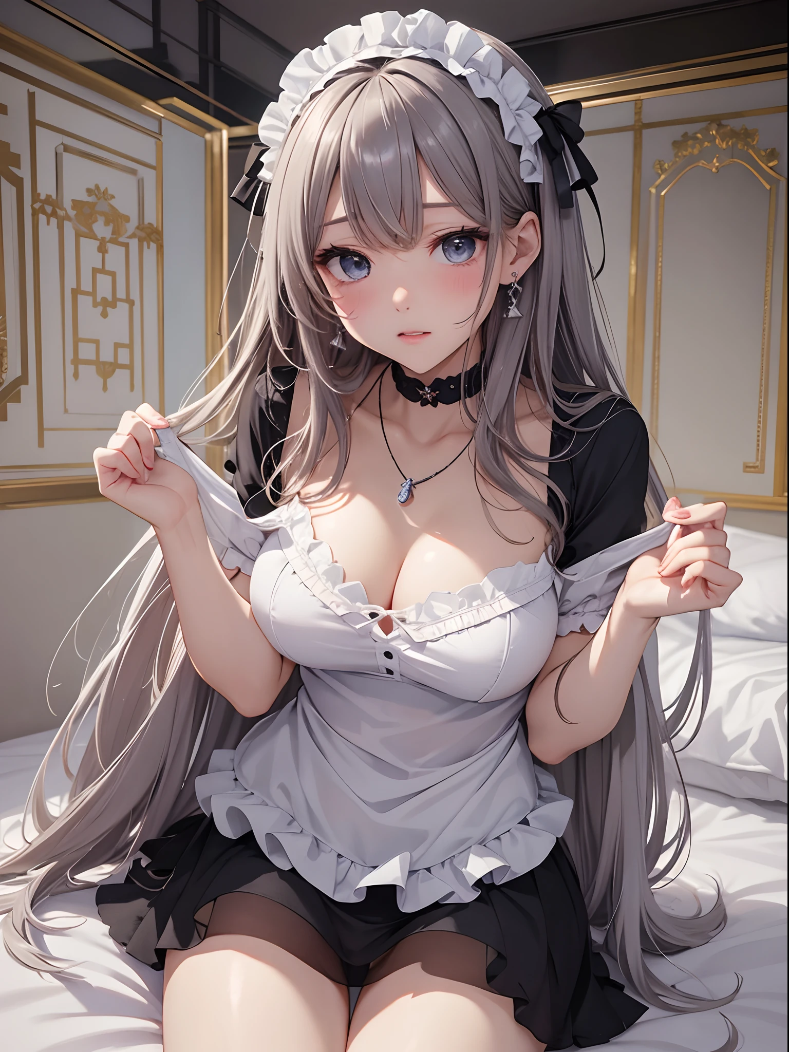photorealisim、top-quality、超A high resolution、a picture、Exquisitely beautiful photos of Scandinavian-born women、Extraordinary beauty、perfectbody、Biologically accurate、Highlights of cheek luster、Detailed cute and beautiful face、(pureerosface_v1:0.008)、Beautiful bangs、Glowing white shiny skin、Bangs between the eyes、shiny and beautiful hair、Silky hair、finer hair、High-definition eyes、Beautiful, Bright and clear, Big eyes shine charmingly、eye liner、Double eyelids、Full body like、dismay、red blush、embarrassed from、glares、 shiny little necklace and earrings, shiny lips: 1.4,  humiliated、impatience、dismay、（Frightened:1.8）、glares、Soft breasts、cleavage of the breast、hiding chest with hands、hide crotch with hands、lift up one's skirt、red blush、embarrassed from、I see underwear、Open knees、open one's legs、Masturbation behavior、Disheveled clothes、Dressing、White blouses、Stockings、Wearing sweat、Neat and clean woman,25 years old, 1 persons、（maid clothes:1.8）、large full breasts、sexual excitement、Masturbation behavior、a large amount of white mucus all over the body,、Wavy Hair, bangs flowing diagonally, Medium Hair, Blue-gray eyes、 In the hotel in the middle of the night, Sit on the bed、