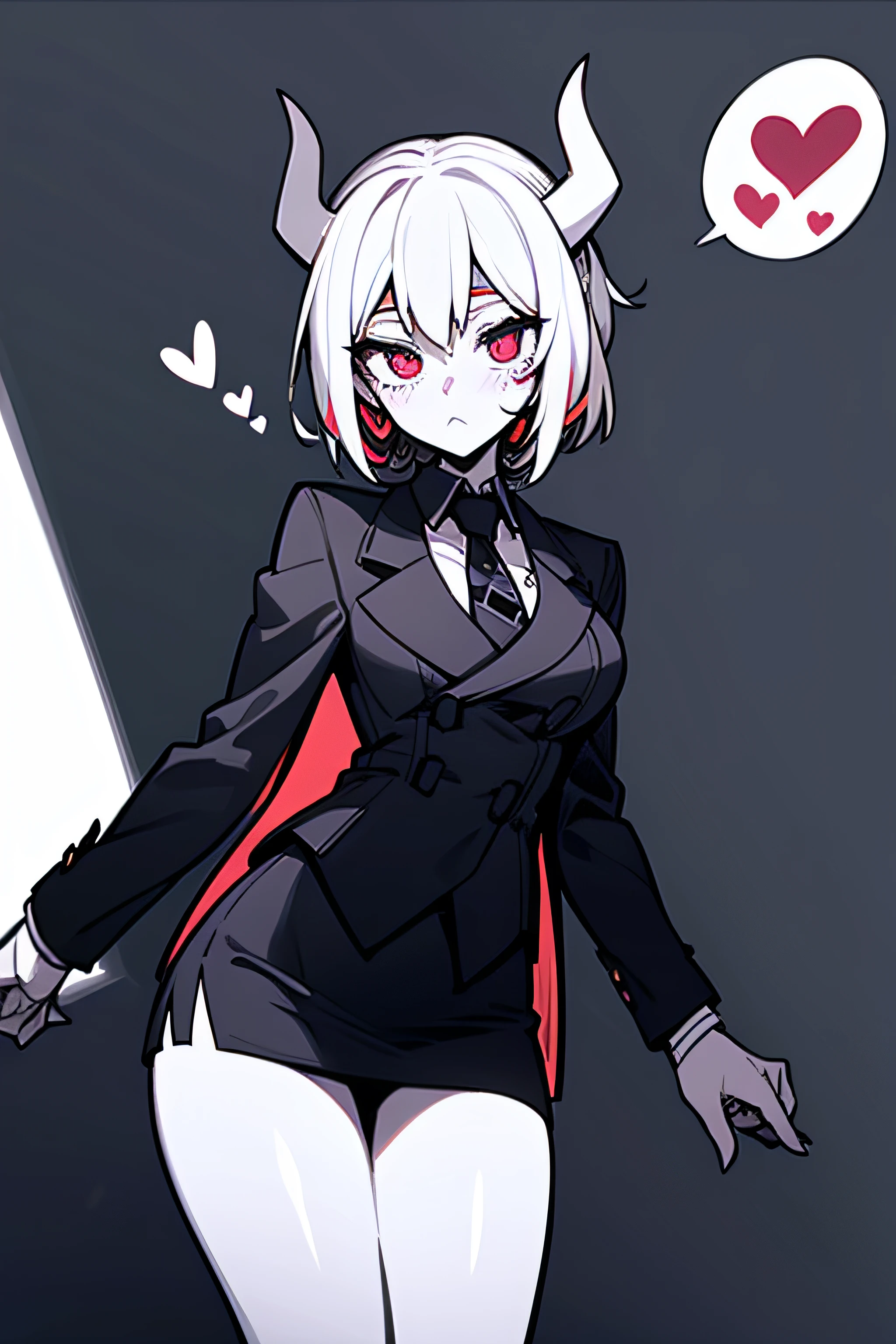 magister, 1 woman, succinct, best quality, masterpiece, best shadow, shade, beautiful lighting, High Contrast, modeus with heart shapes and heart shaped pupils, coffee shop, night, colored lights,formal wear, skirt suit, (((three-piece suit))), dress shirt, (((necktie))), blazer, suit jacket, (((waistcoat))), double-breasted waistcoat, (((bodycon miniskirt))), pencil skirt,