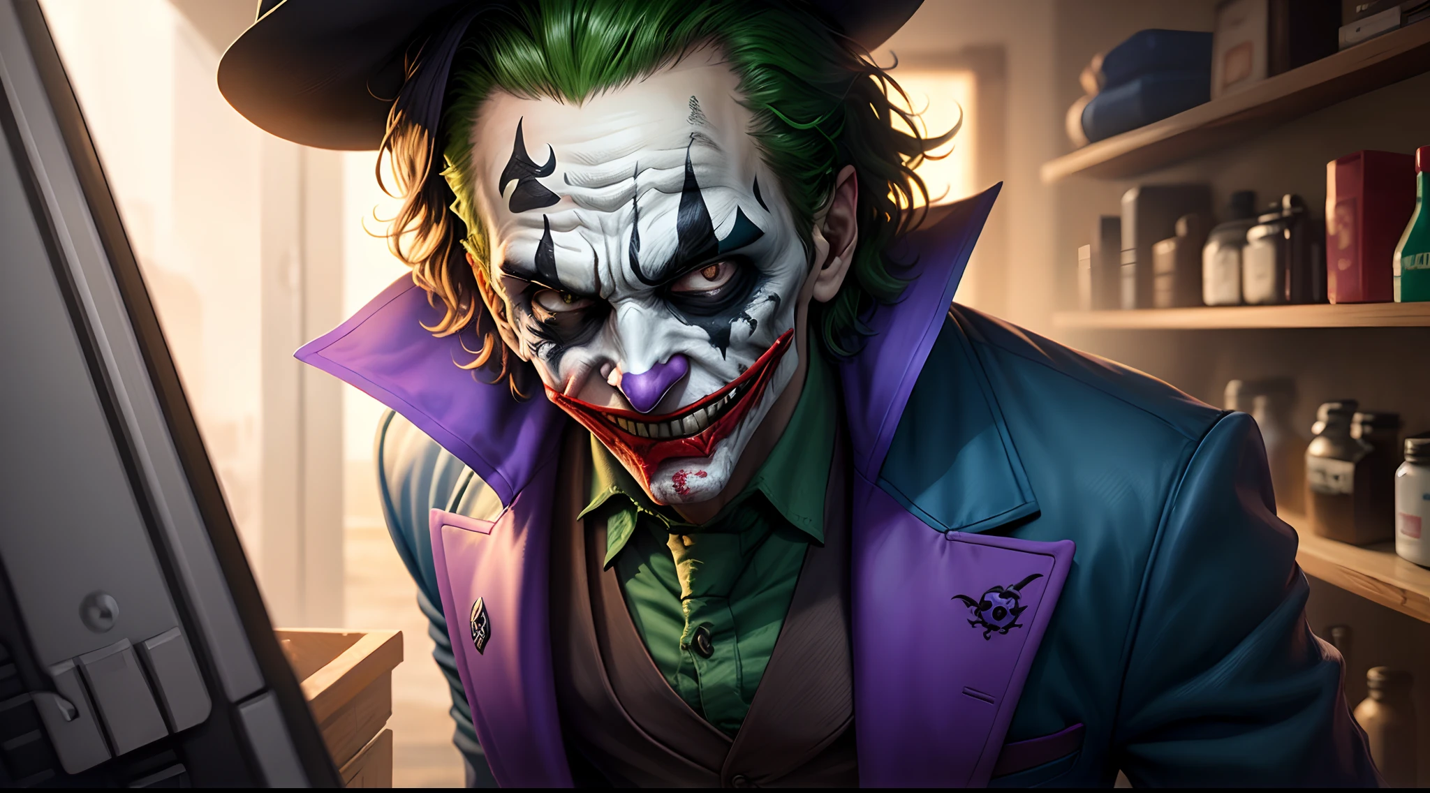 Joker maniacally laughing, wearing purple gloves, high detail, sharp focus, photorealistic, moody, smokey, hyperdetailed, 8k, frostbite 3 engine, cryengine, dof, trending on artstation, digital art,( front facing:1.1), city in the background, psycho, psychopath, upper body shot, super detailed hair