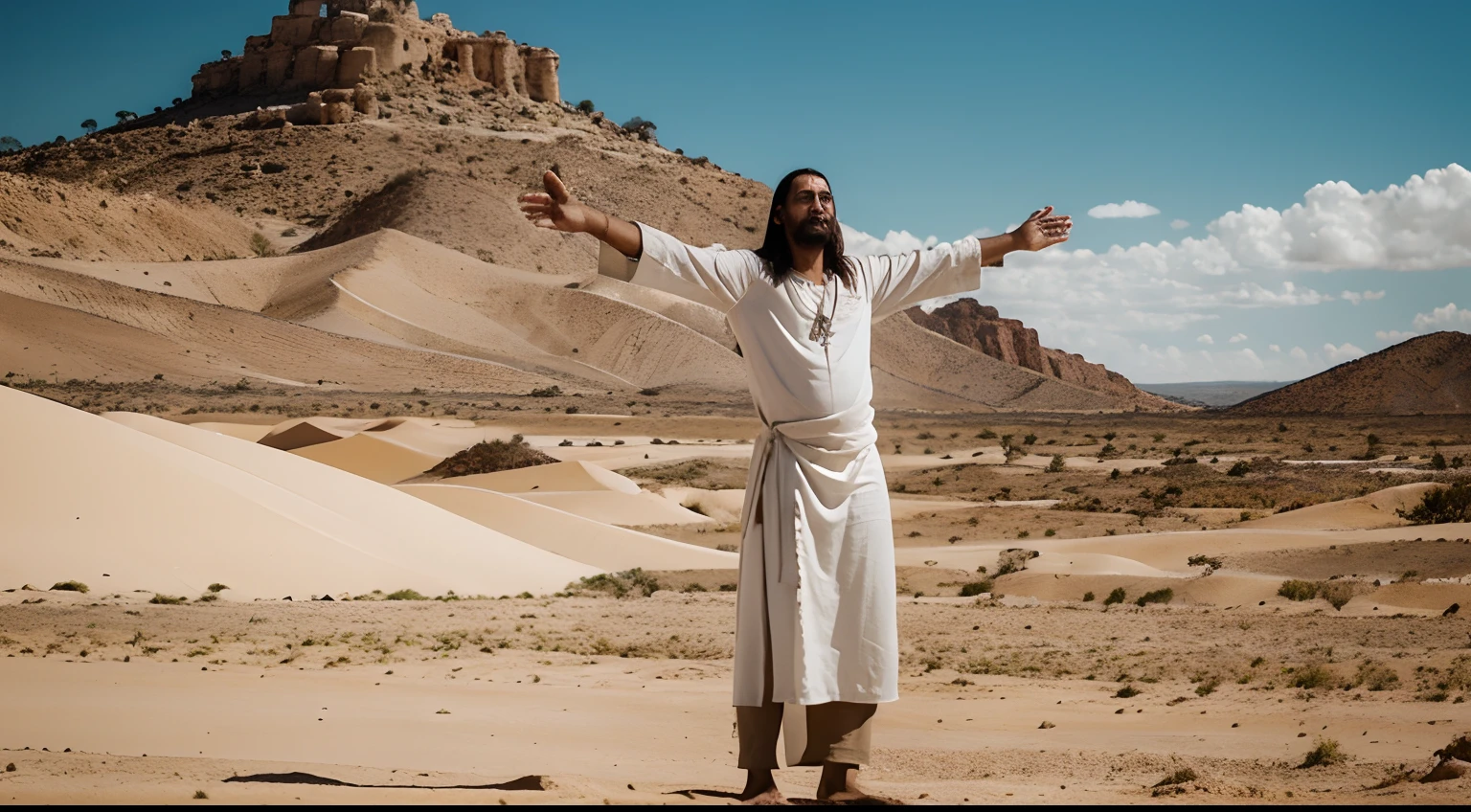 Crie uma imagem que represente de jesus cristo de tunica branca , Where he's praying the skies are bright. olhando para o ceu falando com deus jeuss esta de sandalhas no deserto