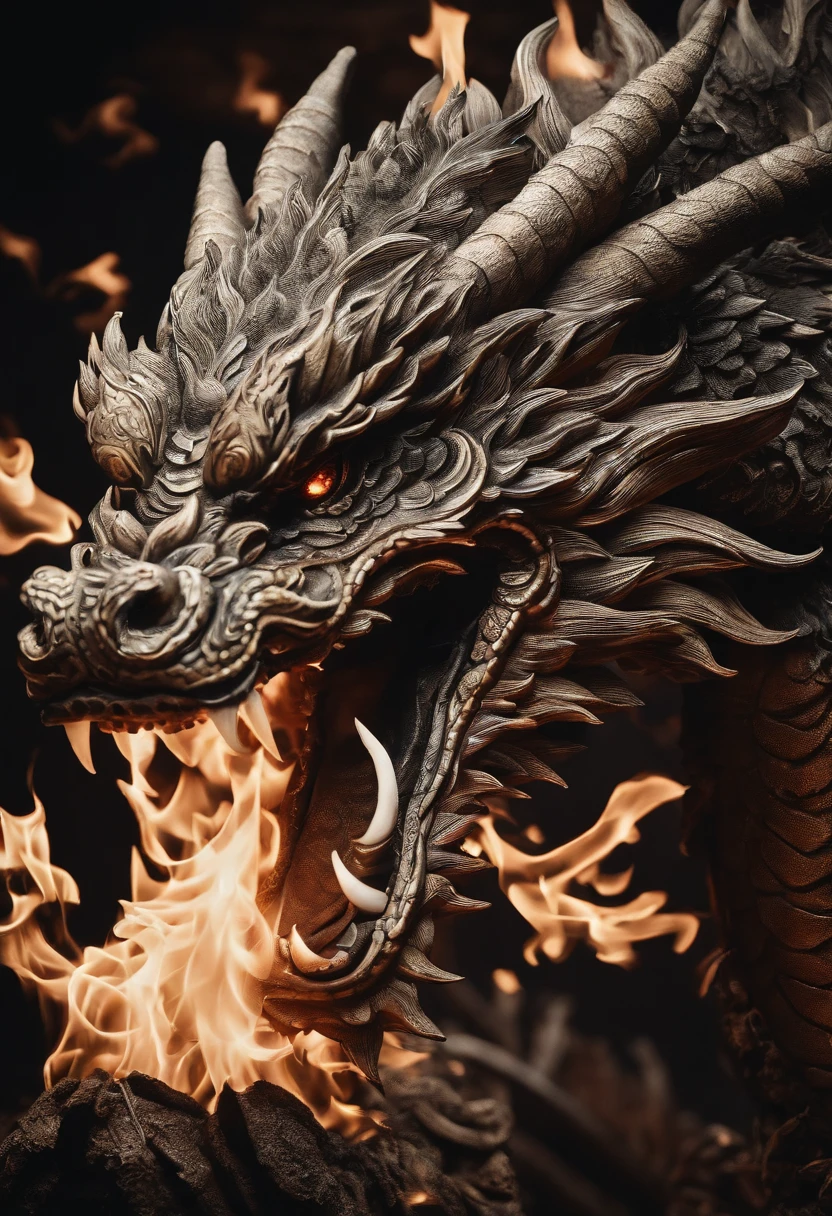Best Quality, Top image quality, Top resolution, Intricate details, Craftsmanship, (Papercut:1.3), The work of a magician with fire magic, Ring of Fire, Dragon engulfed in flames,Flames sticking out of the dragon's mouth, Paper burning, fire, Real Fire、A truly fiery dragon、Dragon's Beard、Chinese Dragon