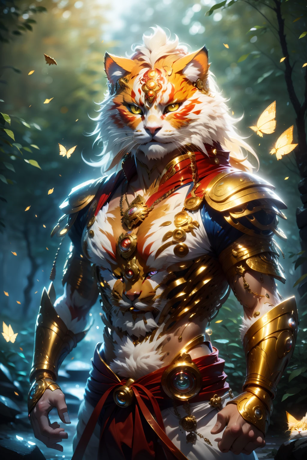 Nebur Belmont,Masterpiece, (Ultra Detailed), (Animal Anthropomorphism), pirate and steampunk Theme, Cat, Handsome, en pose de lucha,, atletic body, Cabello Blanco , ojos dorados, Como Ken Masters , en bosque majestuoso con cascadas , lluvioso , Mariposas ((Bokeh ligero)), intrincado, (acero metal [reposo]), elegante, foco nítido, , Soft lighting, colores vibrantes, (Obra maestra), ((bosque)), (Cara detallada), vendimia, dynamic，, cuerpo completo, small smile, Cabello largo, Cara voluble, Perfect anatomy,Cara ruda, Impeccable art line, acuarela, colored pencils, alta calidad, detalle,