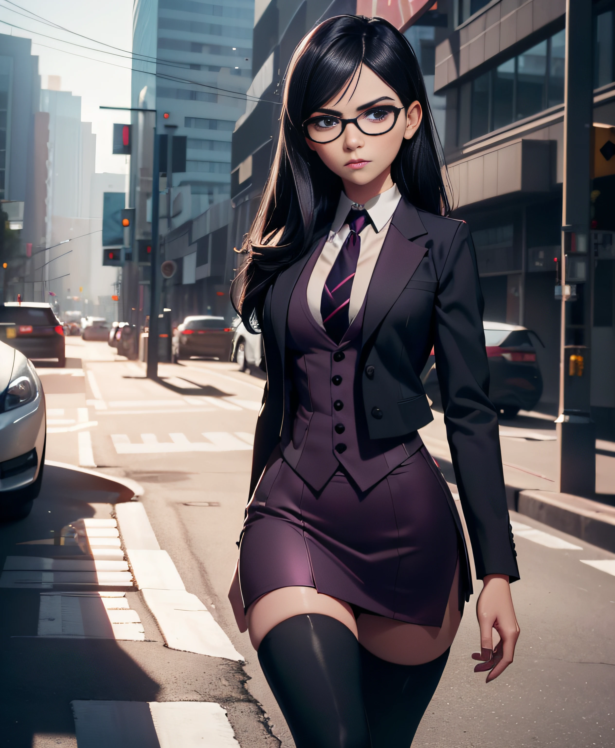 The generated prompt can be："violet parr,skirt suit, (((three-piece suit))), dress shirt, (((necktie))), blazer, suit jacket, (((waistcoat))), double-breasted waistcoat, (((bodycon miniskirt))), pencil skirt,,long black hair,vivid purple eyes,smoky makeup,(best quality,4k,8k,highres,masterpiece:1.2),ultra-detailed,(realistic,photorealistic,photo-realistic:1.37),portrait,dark and moody lighting,vivid color grading, sexy face, blushing, oiled up, nsfw, small tits,