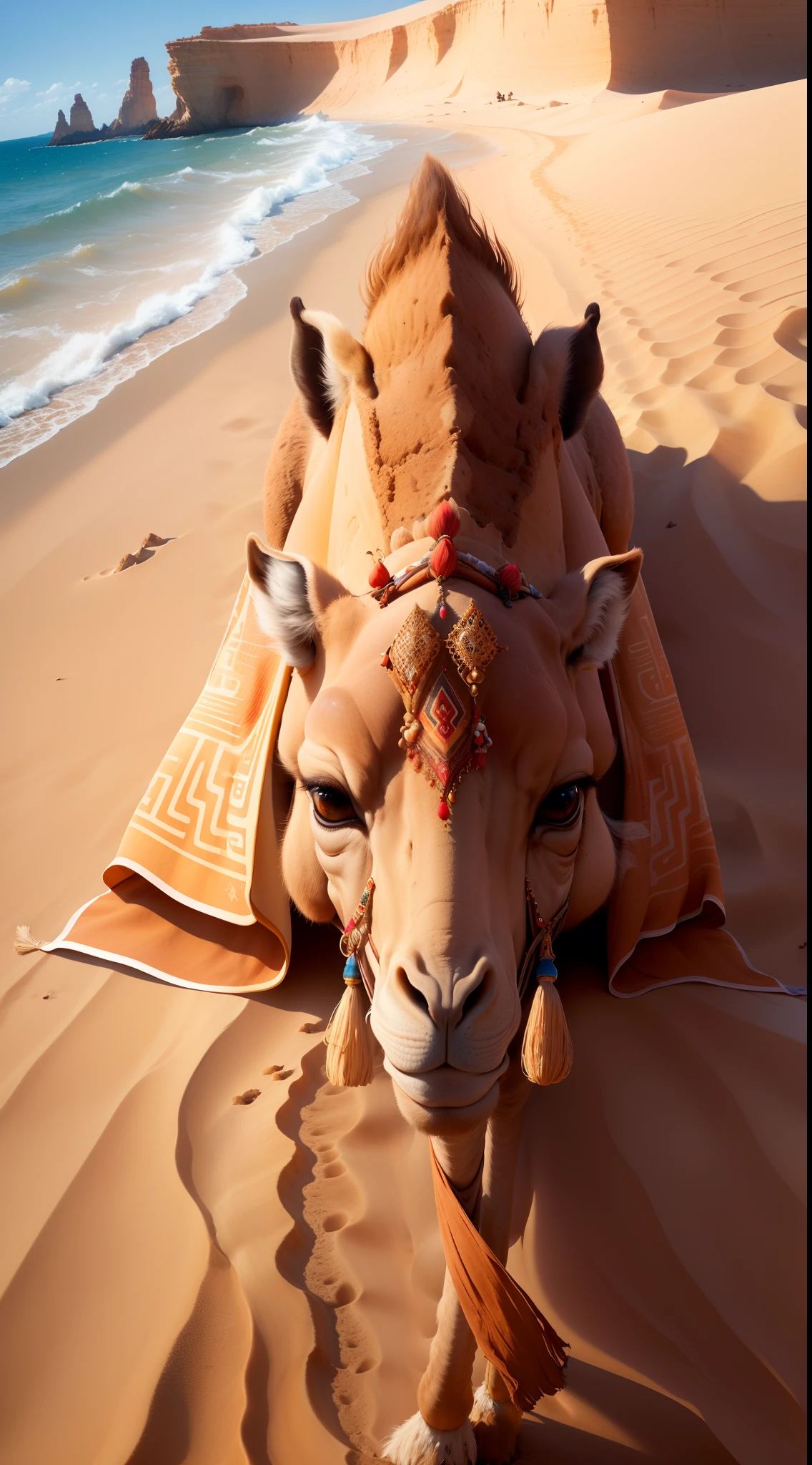 , 85mm, Canon, UHD, masterpiece, anatomically , super detail, high quality, 1080P CGI , 🐪 , At sea level, attached to a burning surface, the( 🐪 , looks like a small asbestos gondola that slowly rows the waves of the sand on all fours), (while the desert wind beats the solid sails of its humps). For those who are thirsty, the camel keeps the last vein of moisture in its rocky bowels; (For the solitary, the plush flame, round and feminine, feigns the gait and grace of an illusory woman)