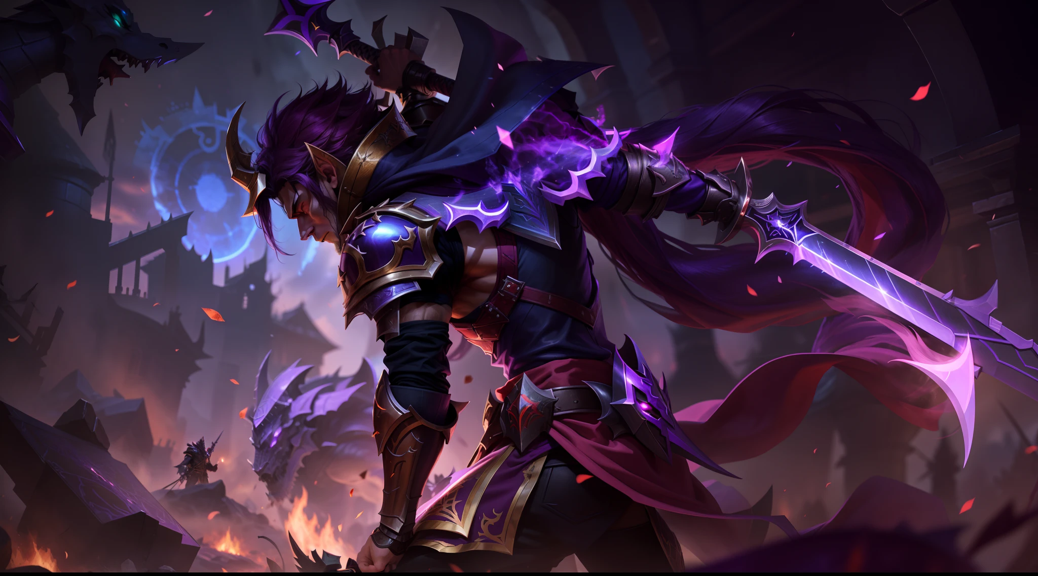 Close-up of a man holding a sword and armor, purple armor, black purple armor, purple demon armor, black fire reflective armor, demon warrior, blood knight, heavy armor and sword god of war, dragon knight, demon warrior, black and purple reflective armor, ruler of hell, Yang J, purple armor, king of cinder
