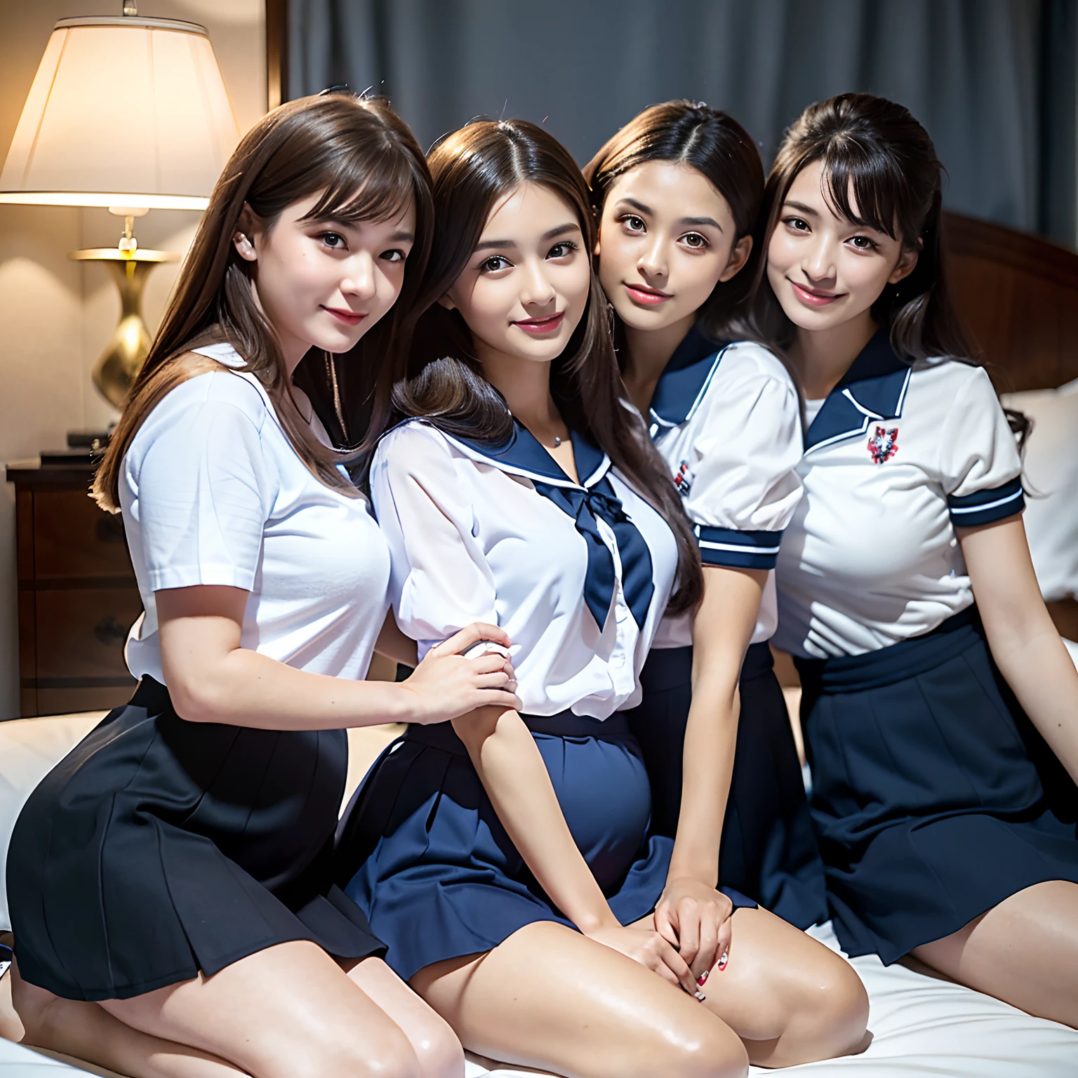 ((Four schoolgirls sleeping in bed,4 schoolgirls,Lying on your back and staring at the camera,face perfect,Accurate face,Position with your back to the bed,Take photos from directly above,Shooting from the knee up,Look at the camera on the back,huge smile,Everyone sees the camera perfectly,face perfect,1 beautiful girl who is half Spanish,Blonde girl and brown-haired girl and dark-haired girl,photoRealstic,Luxury hotel bed taken from the lap,Same uniform,japanes,Four high school girls touch each other,Touching each other's bodies,Touching the body of the girl next door,4 Close contact,Very hilarious pose)),(Navy blue skirt in a sailor suit、Red ribbon and white shirt,Same school uniform,large full breasts,Beautiful makeup,glitter makeup,Cutest 18 years old、)),((Realistic lighting,Soft lighting,The background is a luxury hotel room,A detailed face,perfect teeth,White teeth,finerly detailed face,美丽的面容,Perfect fingers,Accurate 5 fingers,high-definition RAW color photography, professional photograpy, extremely delicate and beautiful, Extremely detailed,finely detail, Huge file size,Top image quality,8K))
