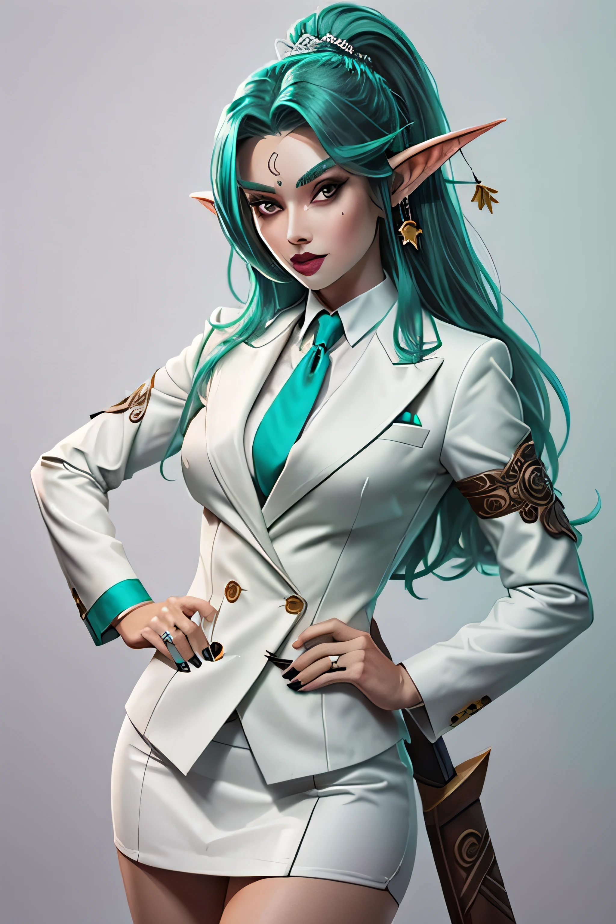 (masterpiece, best quality) WOWTyrande, 1girl, solo, long hair, looking at viewer, (((white skirt suit))), (((three-piece suit))), dress shirt, (((turquoise necktie))), (((blazer))), (((suit jacket))), (((waistcoat))), double-breasted waistcoat, (((bodycon miniskirt))), (((pencil skirt))), jewelry, green eyes, weapon, earrings, green hair, pointy ears, nail polish, hand on hip, makeup, glowing, lipstick, elf, black nails, colored sclera, bow (weapon), white eyes, black lips, green lips, long pointy ears