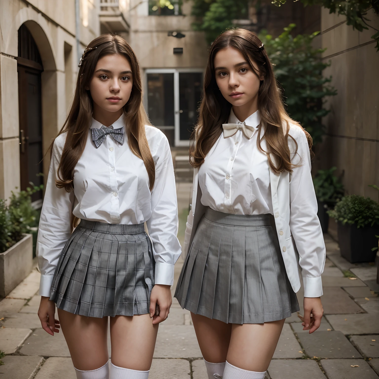 2 girls in, two girls, standing apart in a courtyard, high school uniforms, dressed the same, (girls have the same uniform: 1.8), (one girl has blonde hair & another has black hair: 1.1), gray school uniform, (pleated skirt: 2), (gray skirt: 1.3), (white blouse: 1.25), gray vest, white button up, knee highs, white shirt, loafers, realistic, long hair, socks, bowtie, skirt, jk bow, can see a little chest through blouse, full body, standing back, zoomed out, 50mm, Nikon, f5.2, natural light, 8k, high detailed, maximum quality,
