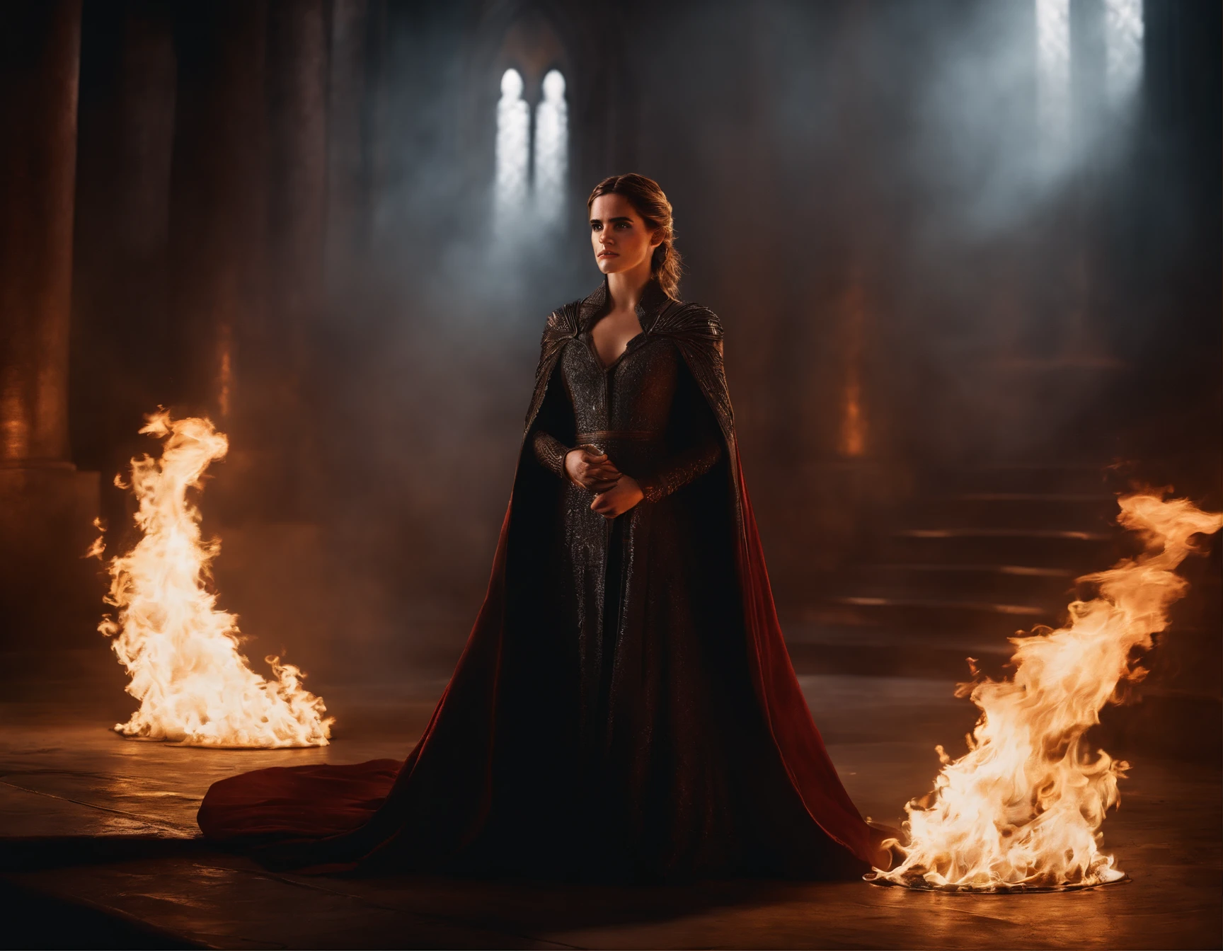 Cinematic portrait, Sauron's throne room, Emma Watson in Sauron attire, dark and menacing, fiery throne room, dramatic lighting, photorealistic, digital painting, portrait, dark and fiery color scheme, high-resolution digital art, exceptional quality, epic, ominous, The Lord of the Rings.
