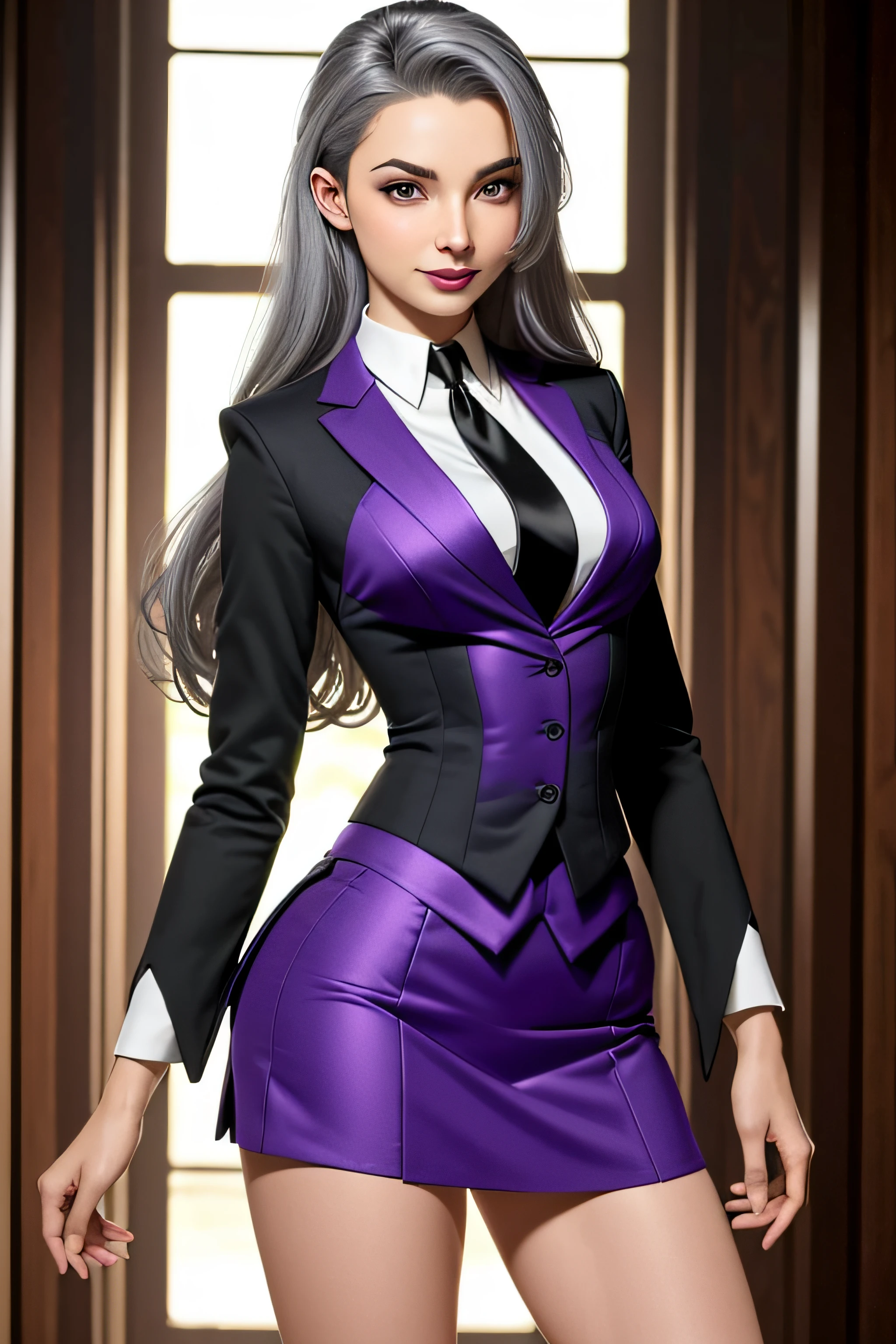 (masterpiece, best quality)
MortalSindel, 1girl, solo, long hair, looking at viewer, smile, skirt suit, (((three-piece suit))), dress shirt, (((necktie))), blazer, suit jacket, (((waistcoat))), double-breasted waistcoat, (((bodycon miniskirt))), pencil skirt, upper body, grey hair, lips, makeup, lipstick, nose, purple lips