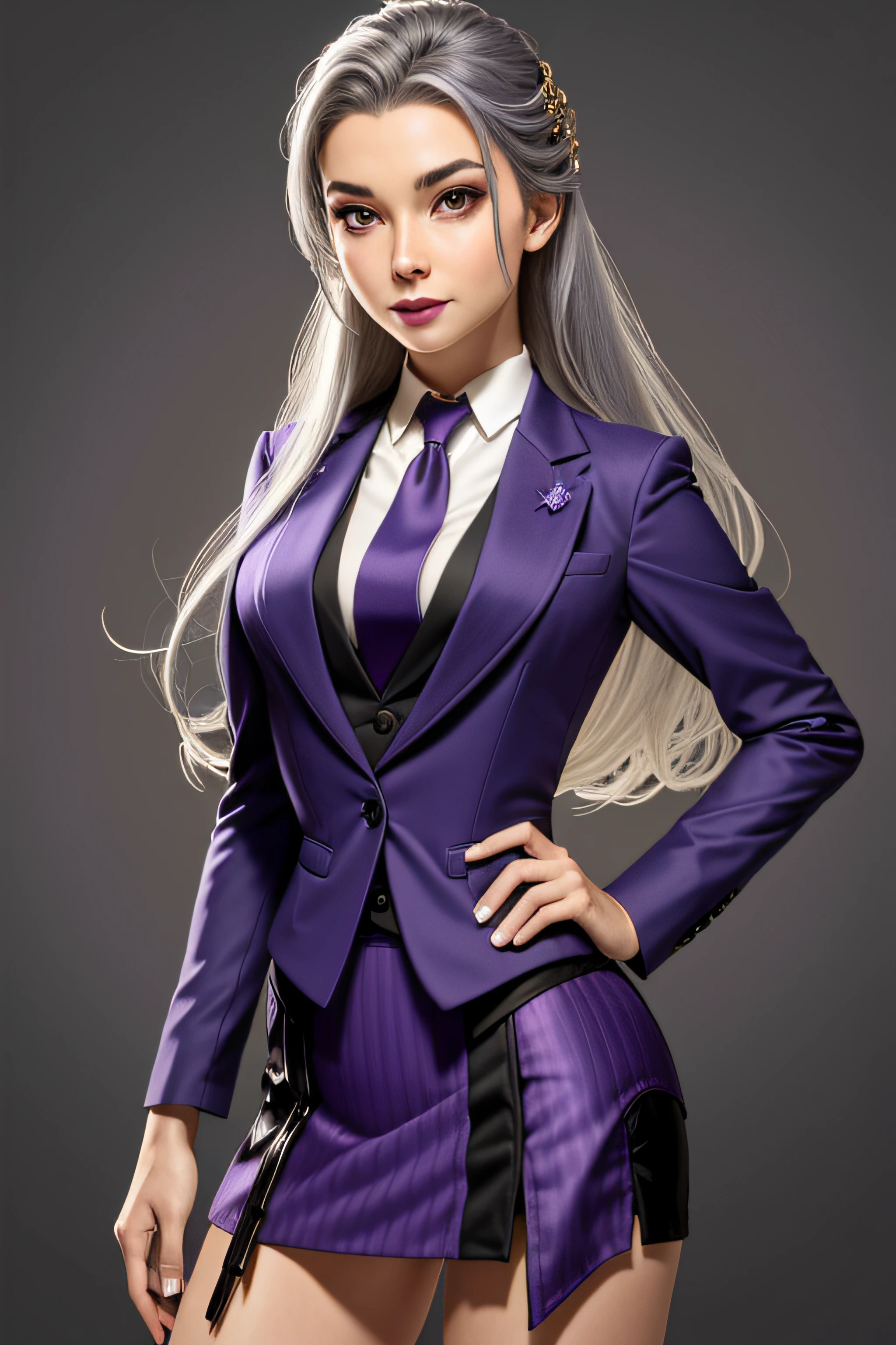 (masterpiece, best quality)
MortalSindel, 1girl, solo, long hair, looking at viewer, smile, (((skirt suit))), (((three-piece suit))), dress shirt, (((necktie))), (((blazer))), (((suit jacket))), (((waistcoat))), double-breasted waistcoat, (((bodycon miniskirt))), (((pencil skirt))), upper body, grey hair, lips, makeup, lipstick, nose, purple lips