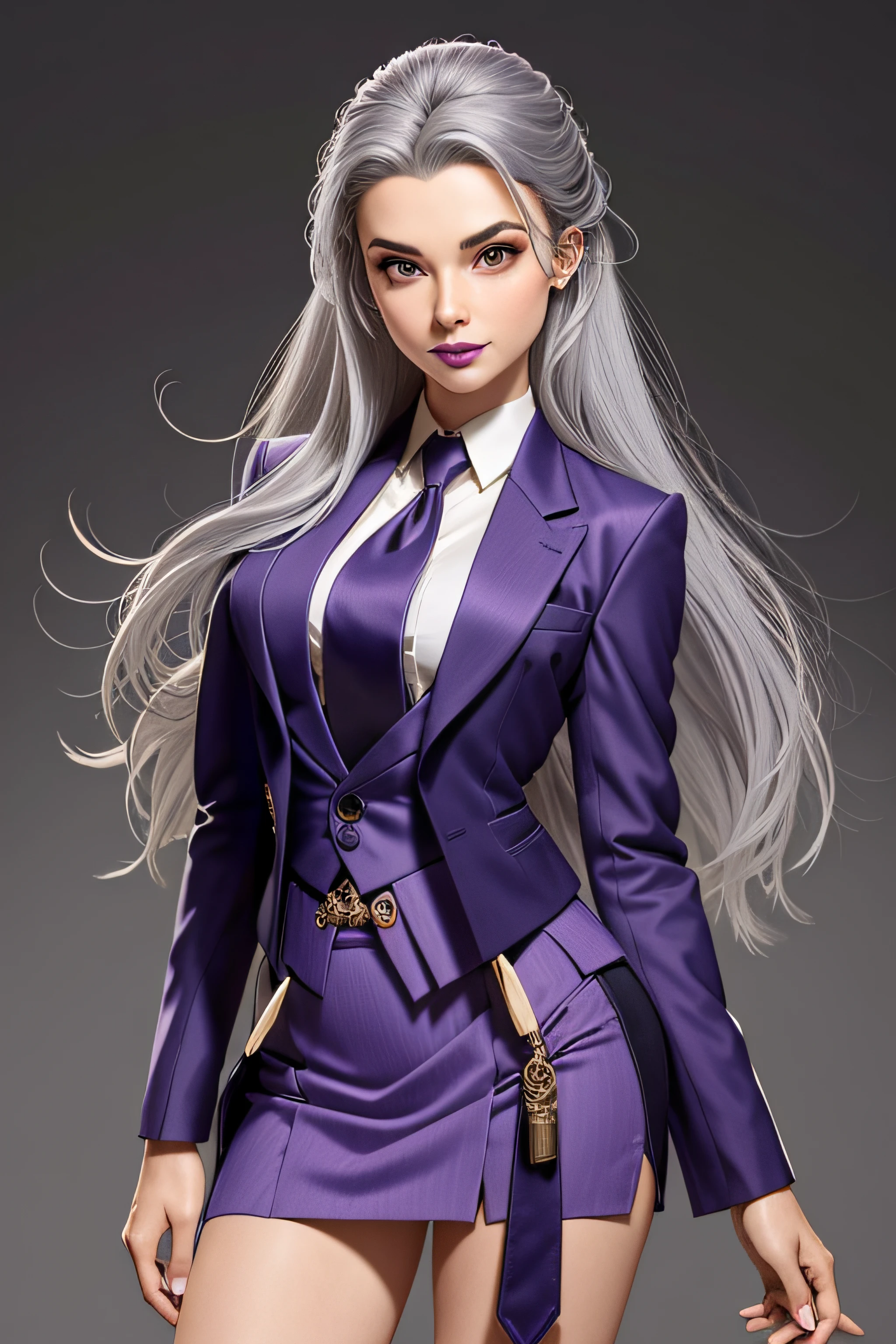 (masterpiece, best quality)
MortalSindel, 1girl, solo, long hair, looking at viewer, smile, (((skirt suit))), (((three-piece suit))), dress shirt, (((necktie))), (((blazer))), (((suit jacket))), (((waistcoat))), double-breasted waistcoat, (((bodycon miniskirt))), (((pencil skirt))), upper body, grey hair, lips, makeup, lipstick, nose, purple lips