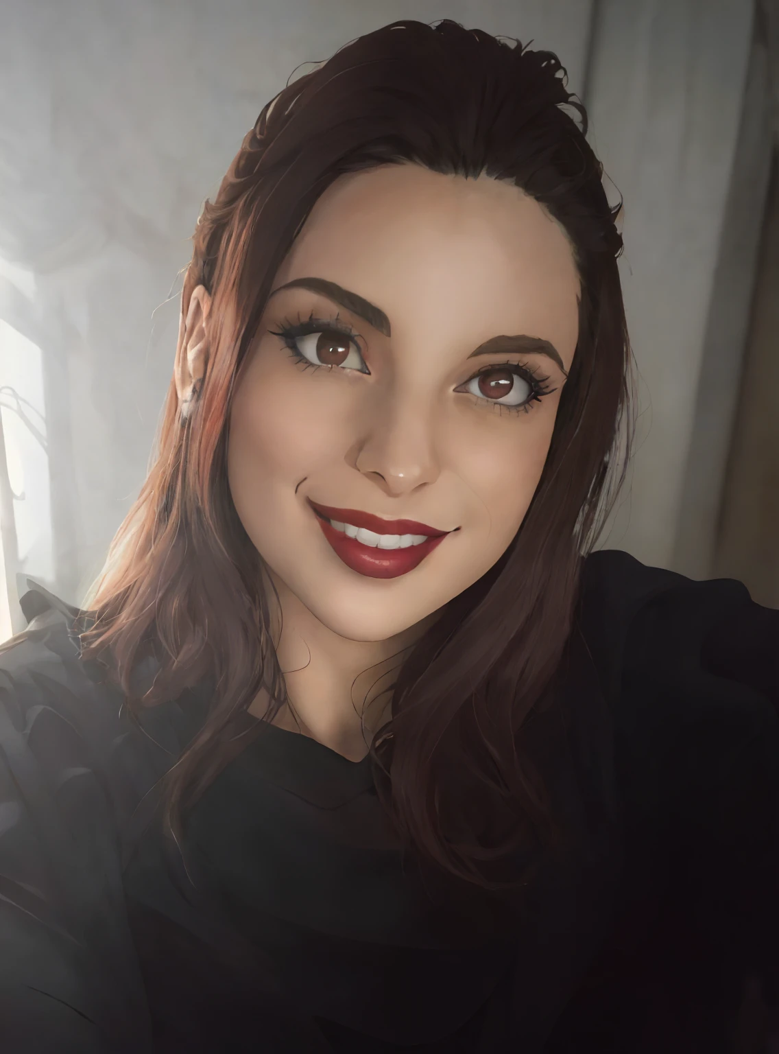 Mulher arafed com longos cabelos castanhos e uma camisa preta, Batom escuro, Sorriso fraco Batom escuro, foto de perfil headshot, Mulher de 30 anos, 3 0 anos de idade mulher, dark red lips, Dark lips, thick red lips, imagem de perfil, muito bobo olhando, cheeky smile with red lips, foto do perfil, Meio retrato, inspired by Gina Pellón, RPG character, perfect body, perfect smile