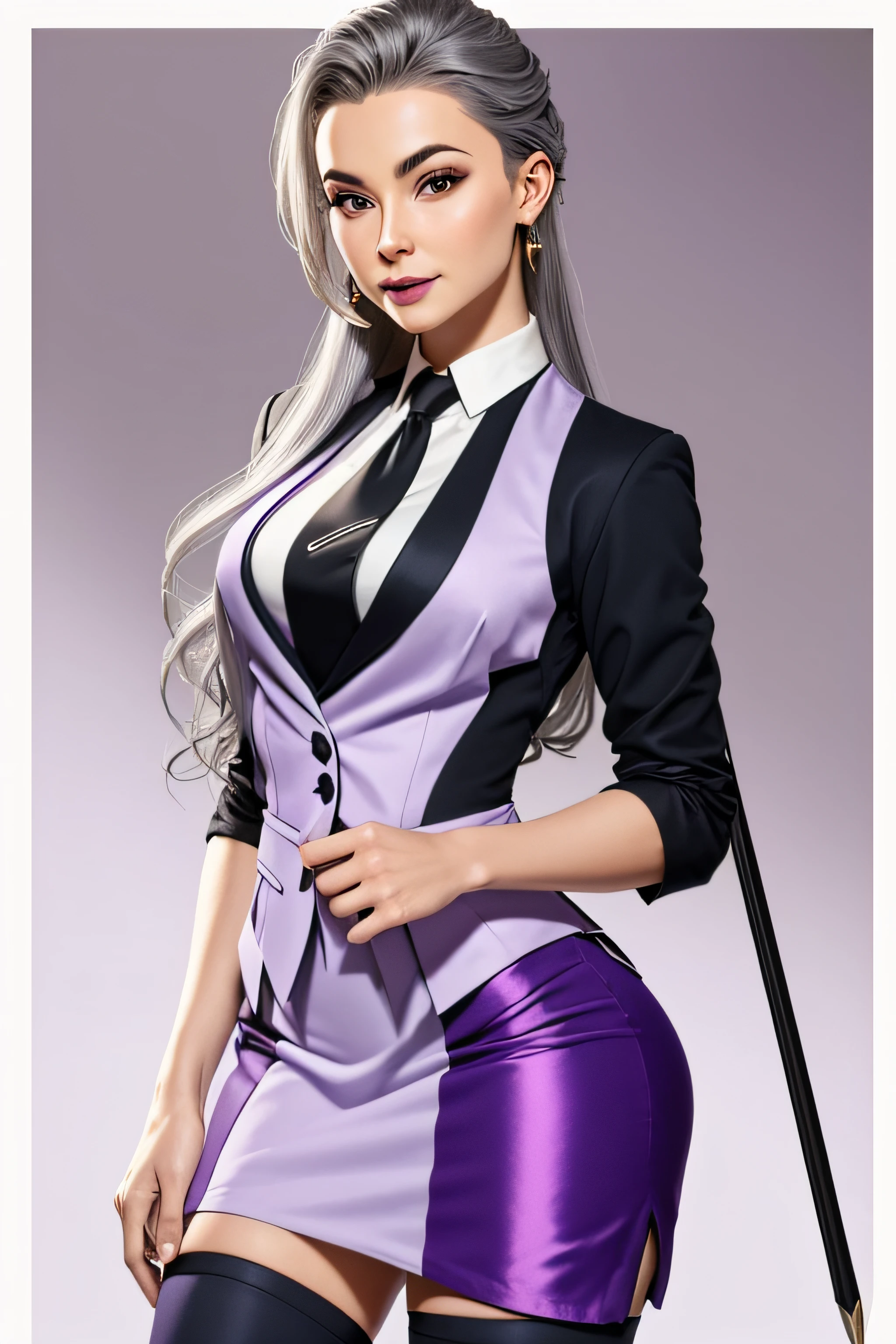 (masterpiece, best quality)
MortalSindel, 1 woman, mature, milf, solo, long hair, looking at viewer, smile, (((skirt suit))), (((three-piece suit))), dress shirt, (((necktie))), (((blazer))), (((suit jacket))), (((waistcoat))), double-breasted waistcoat, (((bodycon miniskirt))), (((pencil skirt))), upper body, grey hair, lips, makeup, lipstick, nose, purple lips