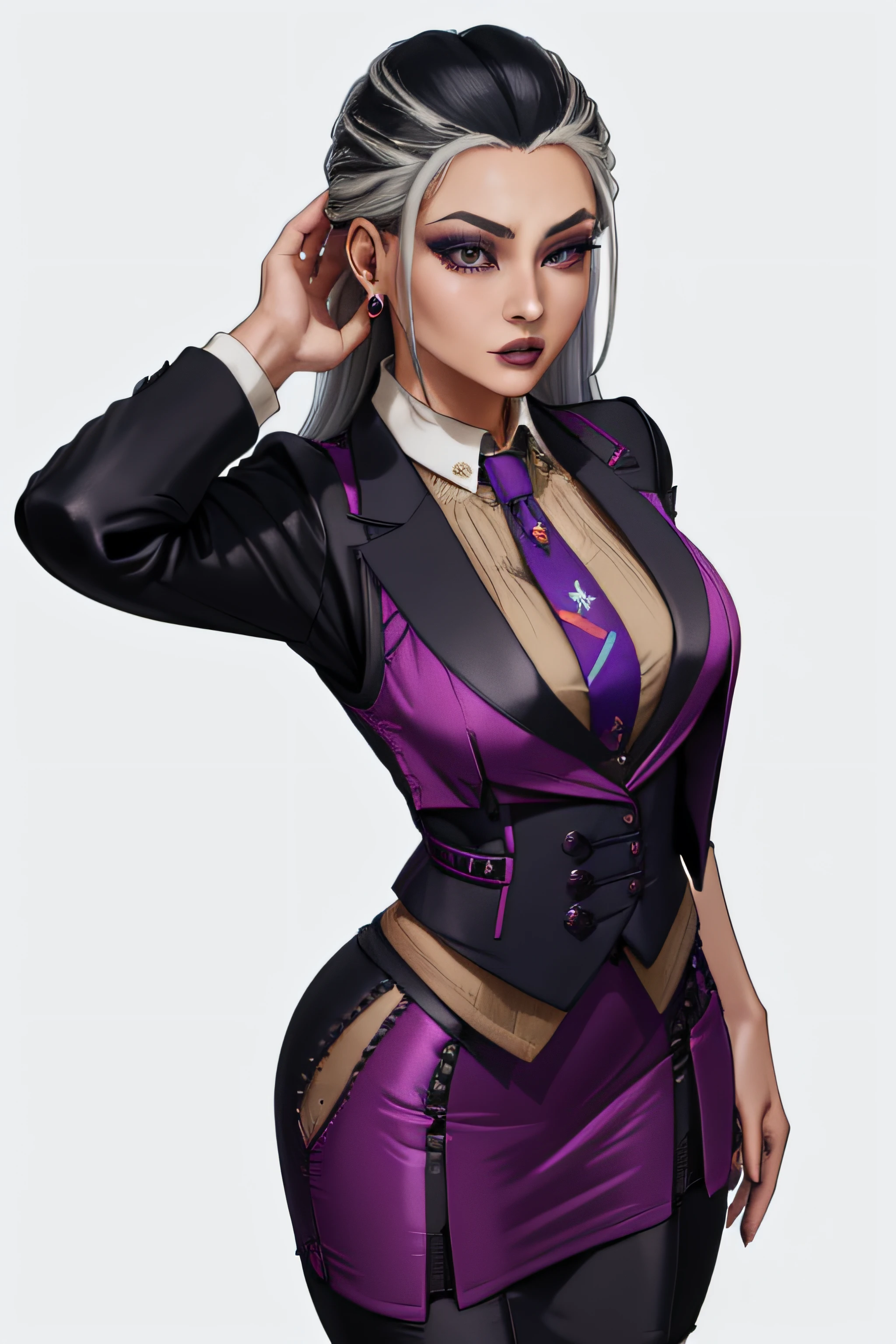 sindel, black hair,  multicolored hair,
(((skirt suit))), (((three-piece suit))), dress shirt, (((necktie))), (((blazer))), (((suit jacket))), (((waistcoat))), double-breasted waistcoat, (((bodycon miniskirt))), (((pencil skirt)))
standing, upper body,  
morning, royal castle,   from above,  
(insanely detailed, beautiful detailed face, masterpiece, best quality),