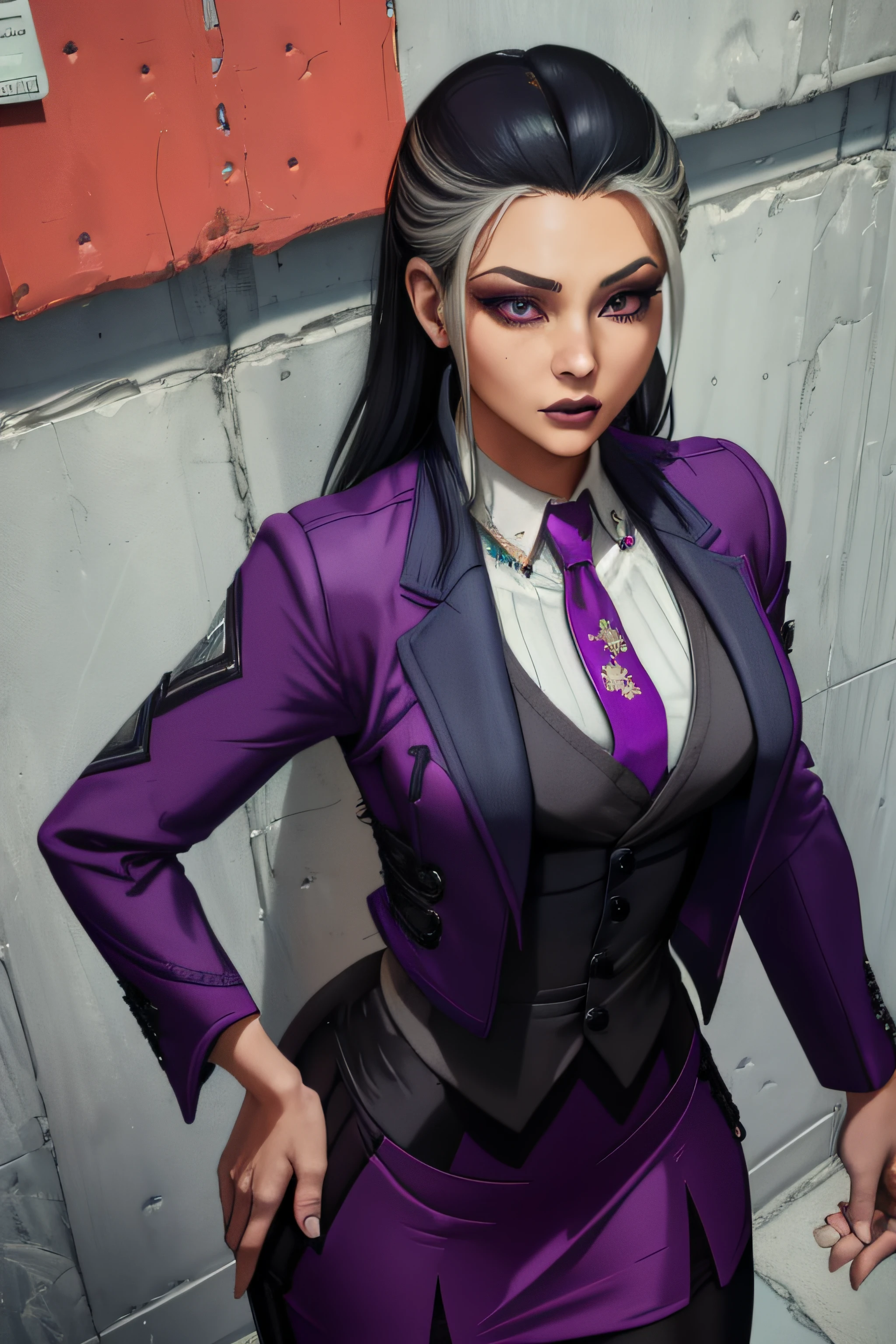 sindel, black hair,  multicolored hair,
(((skirt suit))), (((three-piece suit))), dress shirt, (((necktie))), (((blazer))), (((suit jacket))), (((waistcoat))), double-breasted waistcoat, (((bodycon miniskirt))), (((pencil skirt)))
standing, upper body,  
morning, royal castle,   from above,  
(insanely detailed, beautiful detailed face, masterpiece, best quality),