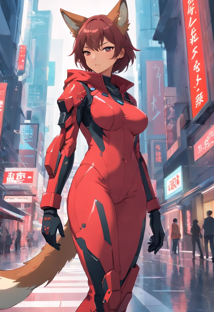 Futuristic red wolf suit, woman, futuristic thing on it, full body, trending on artstation, highly detailed, by WLOP, sharp focus, studio photo, intricate details, beautiful lighting ((gigantic tits)) ((big nipples)) ((pussy)) knee high boots, hood, black gloves, bracelets jewelry coker,
