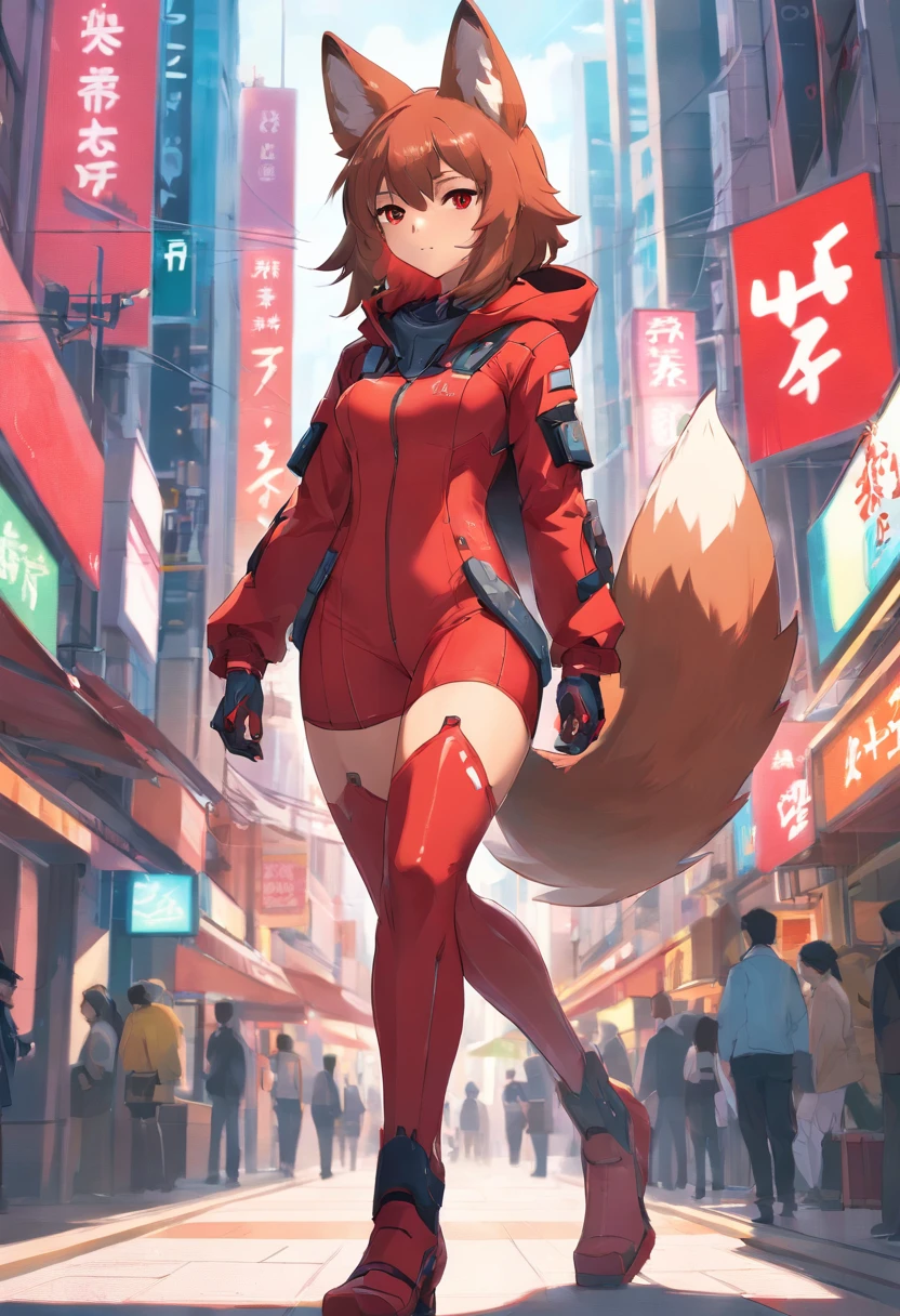 Futuristic red wolf suit, woman, futuristic thing on it, full body, trending on artstation, highly detailed, by WLOP, sharp focus, studio photo, intricate details, beautiful lighting ((gigantic tits)) ((big nipples)) ((pussy)) knee high boots, hood, black gloves, bracelets jewelry coker,